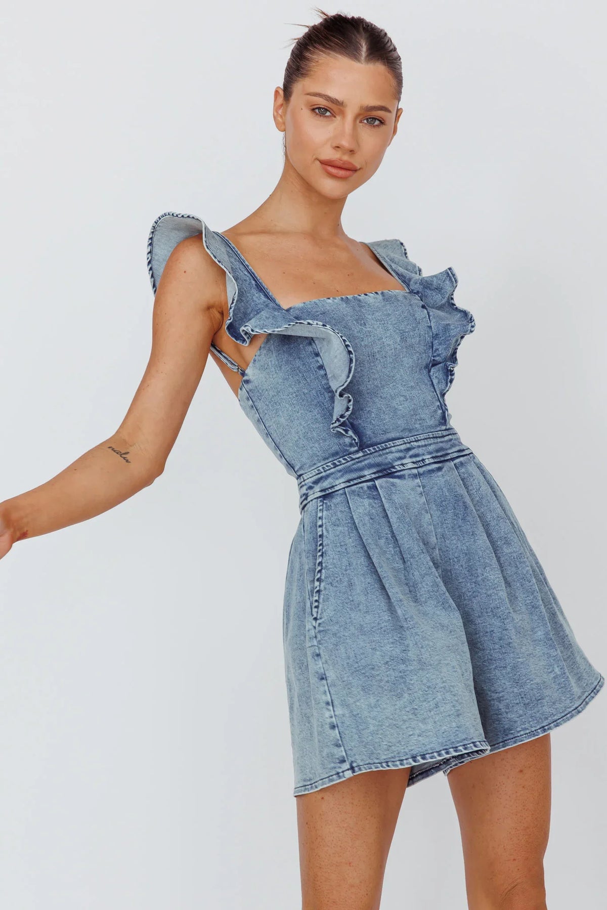 Nola Flared Ruffle Romper Denim