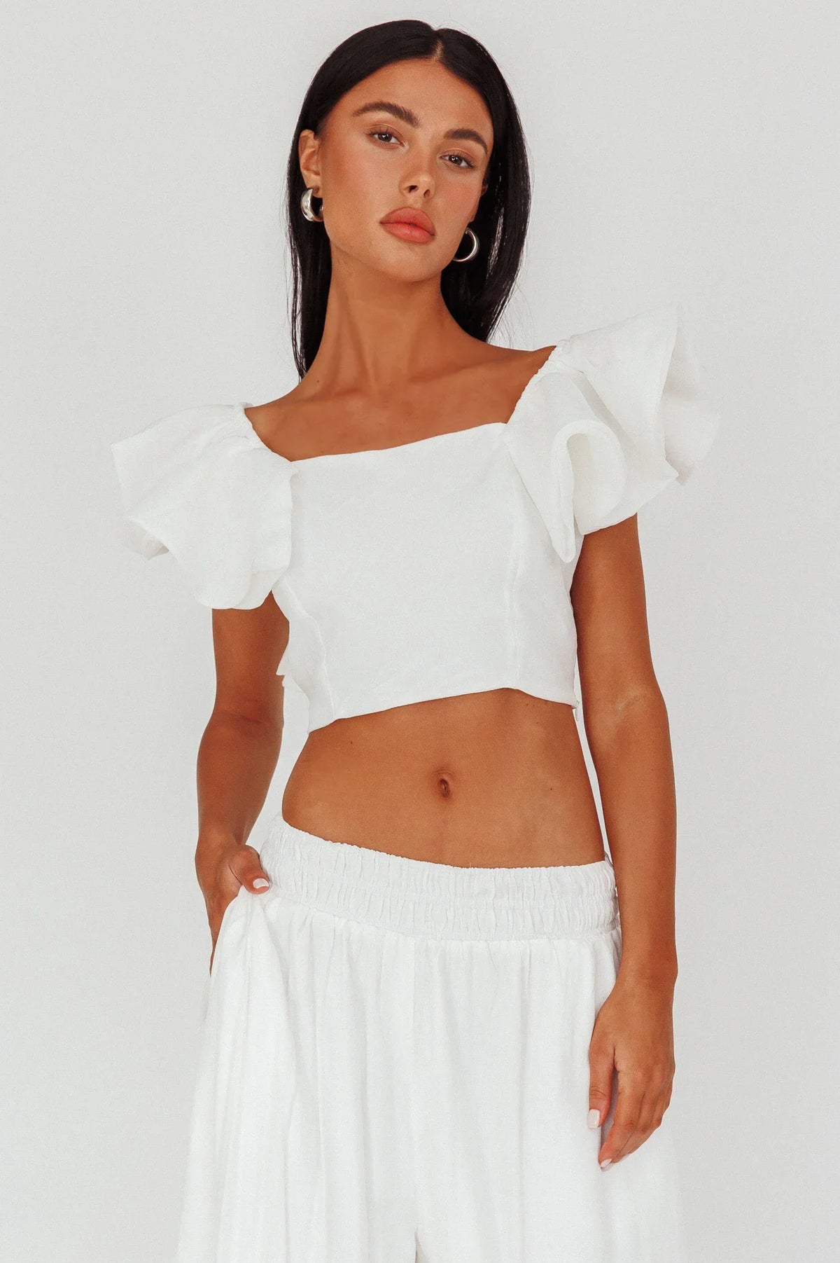 Zali Ruffle Sleeve Crop Top White