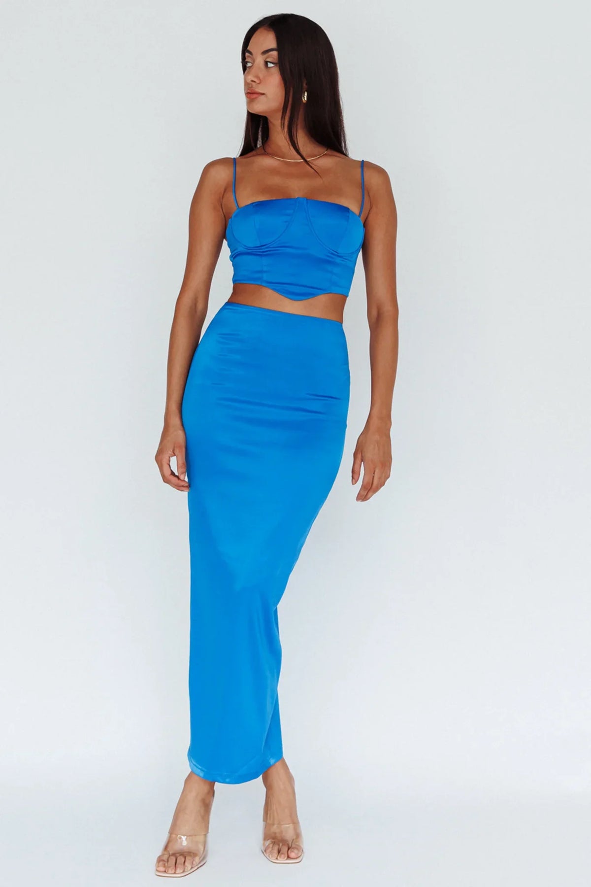 Zeina Satin Midi Skirt Blue