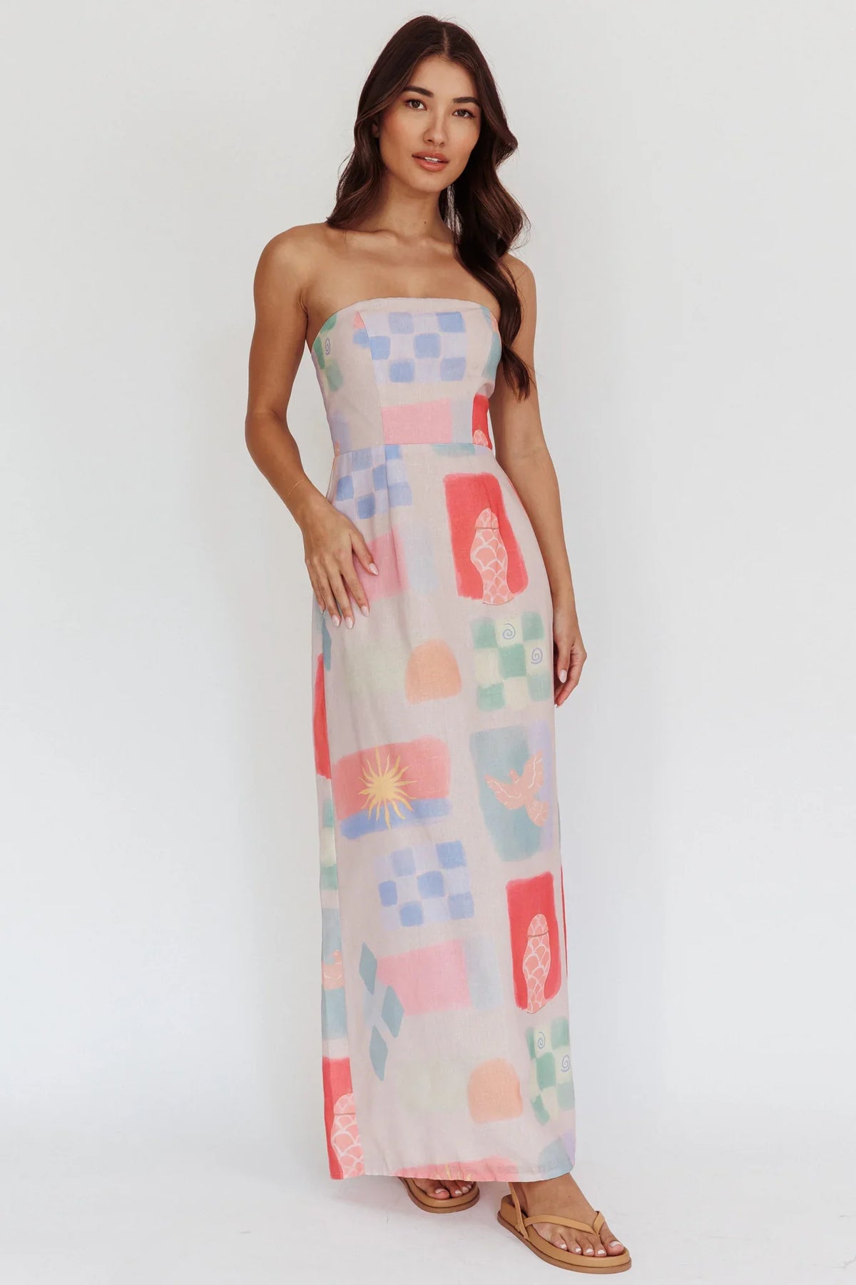Eastern Sun Strapless Abstract Print Maxi Dress Multi