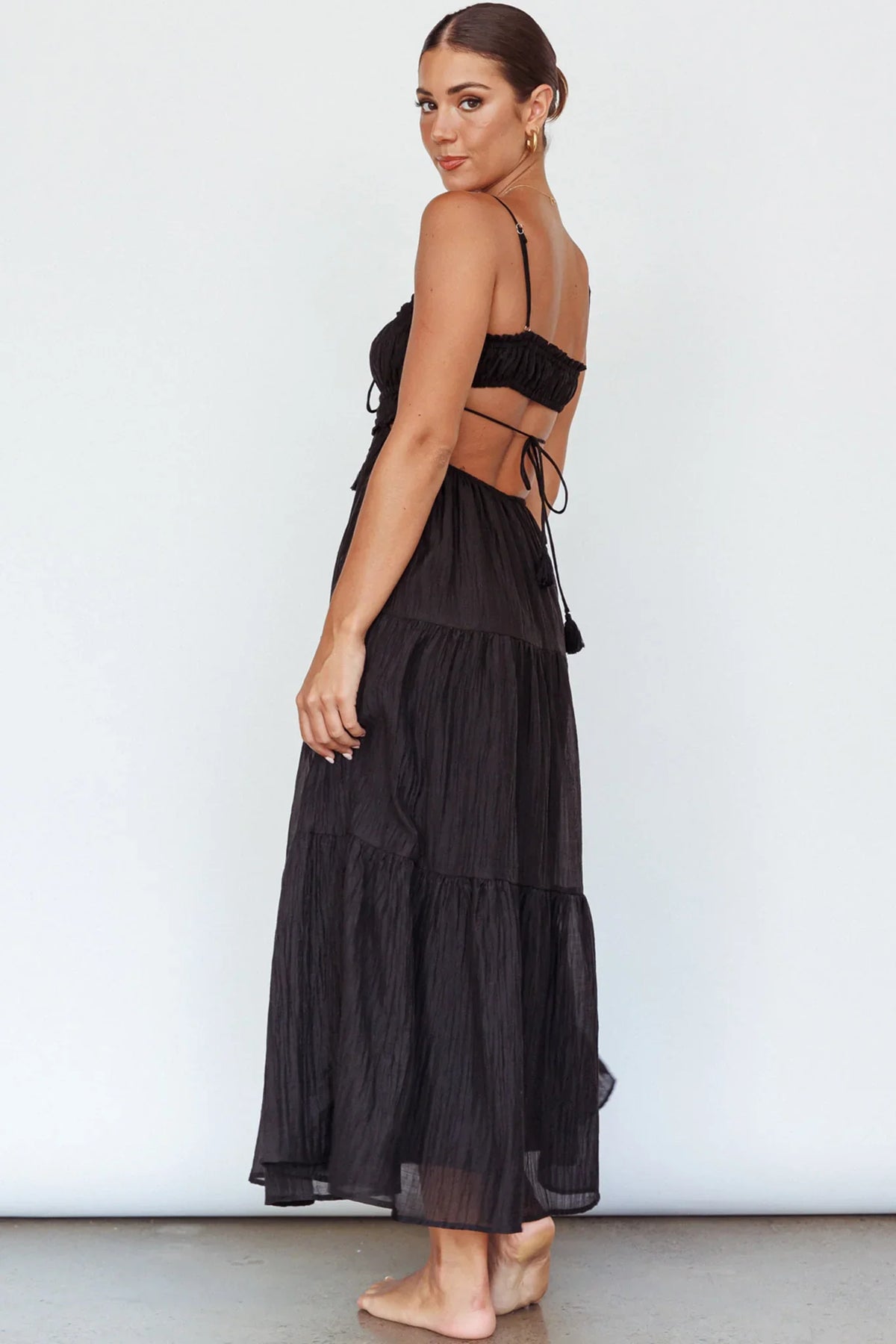 Eyona Cut-Out Waist Tie Maxi Dress Black