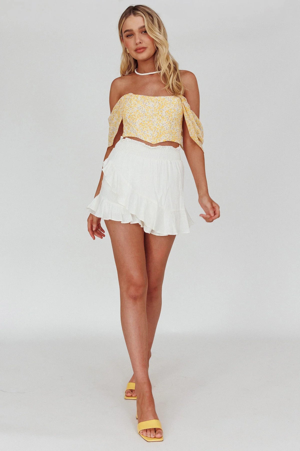 Brandy Off-Shoulder Pointed Hem Crop Top Mottled Print Yellow
