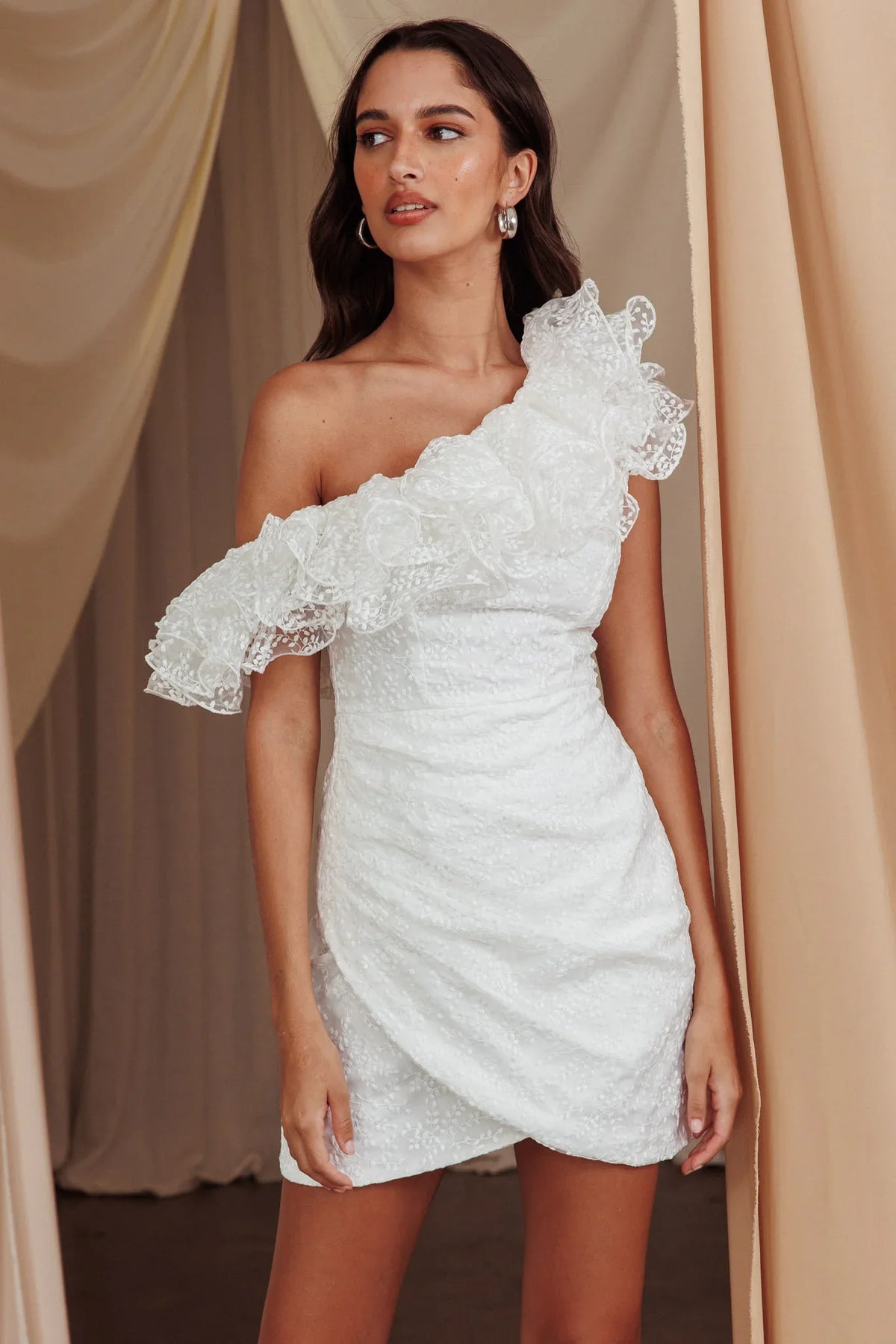 Hollyn One-Shoulder Ruffle Mini Dress White