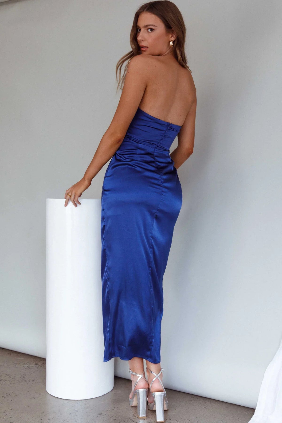 Gianna Strapless Ruched Bust Midi Dress Navy
