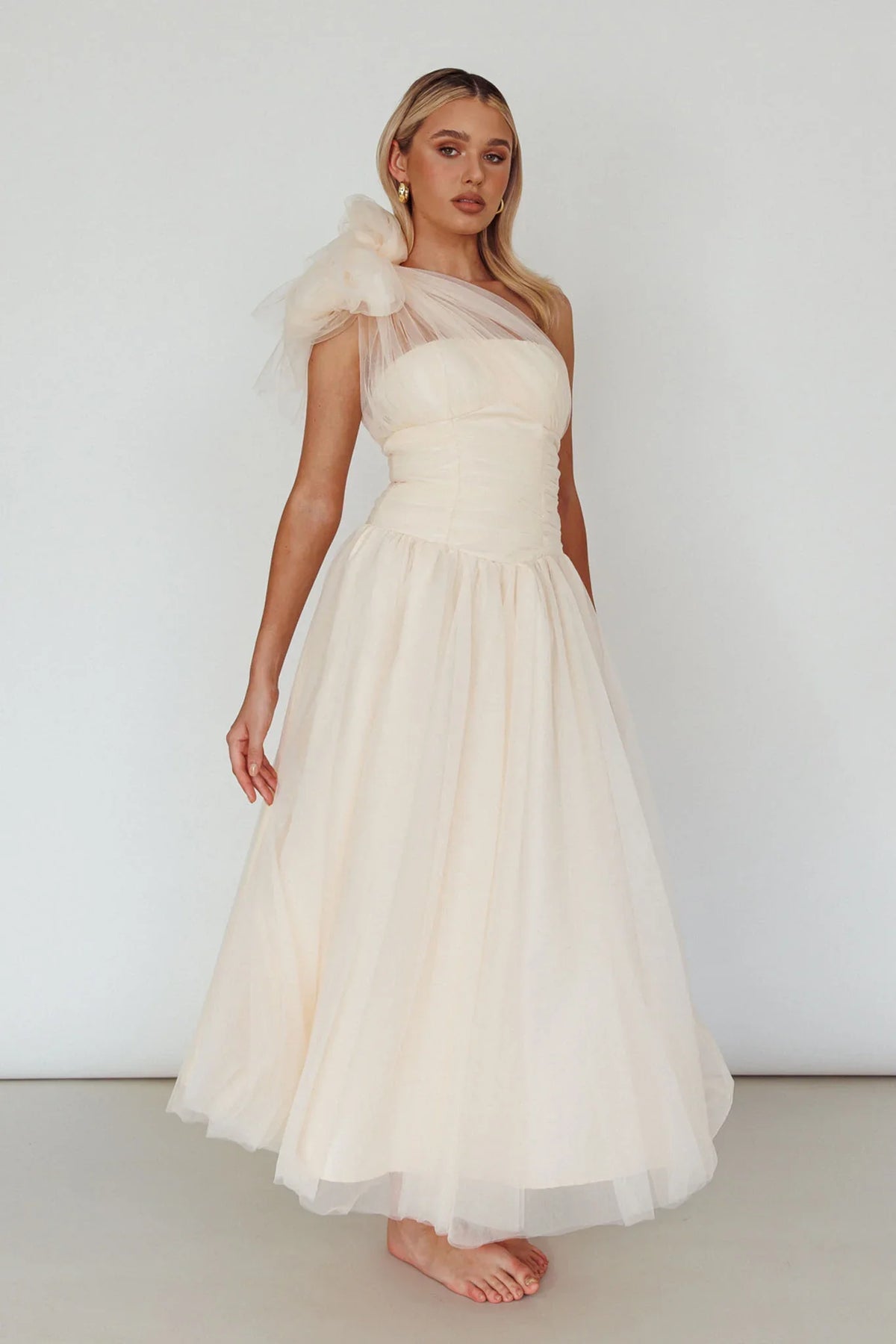 Let's Elope Bow Shoulder Midi Dress Butter
