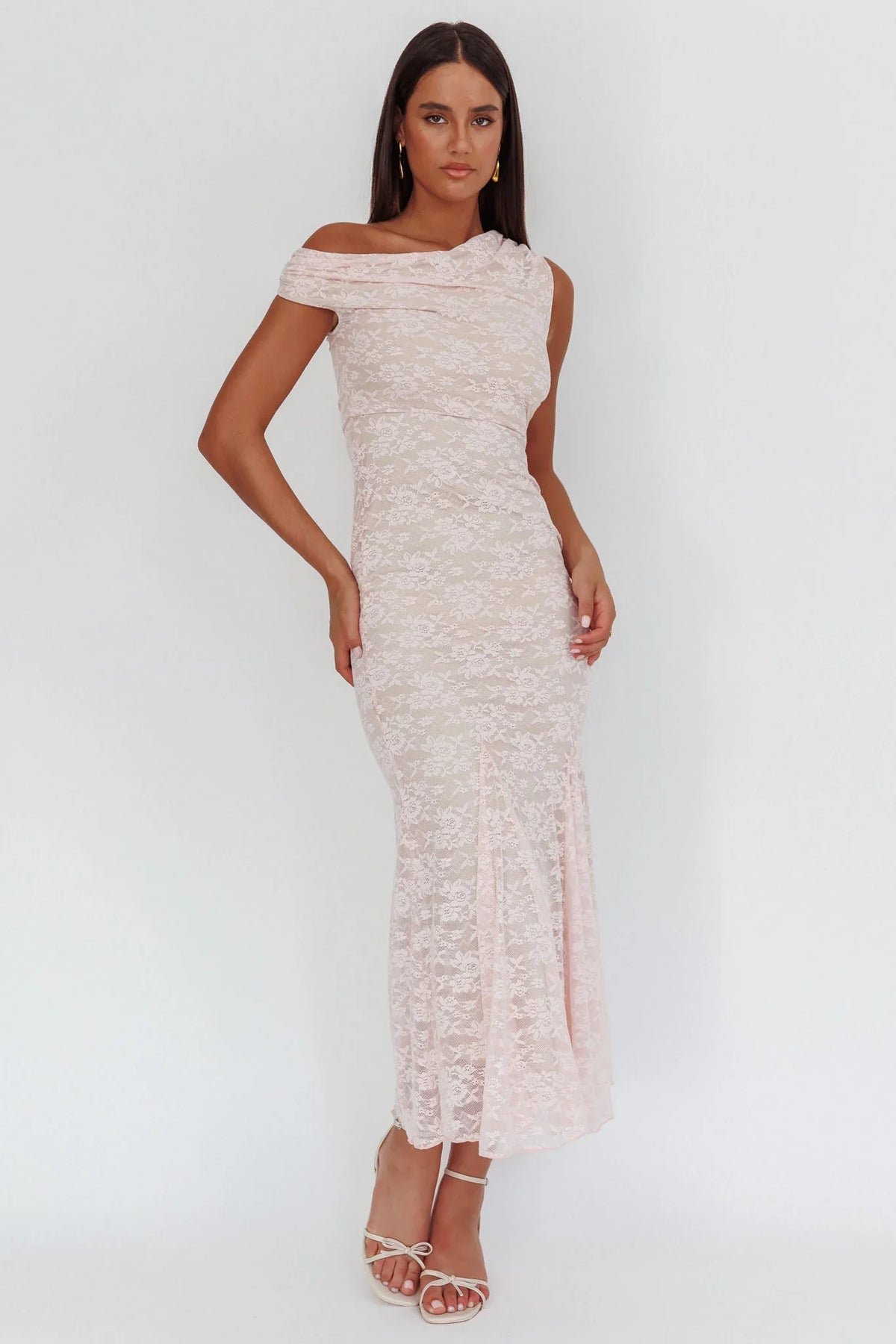 Diana Asymmetric Shoulder Godet Maxi Dress Lace Pink