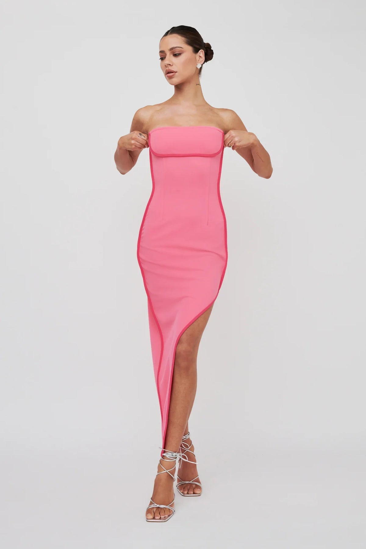 October Strapless Piping Midi Dress Hot Pink