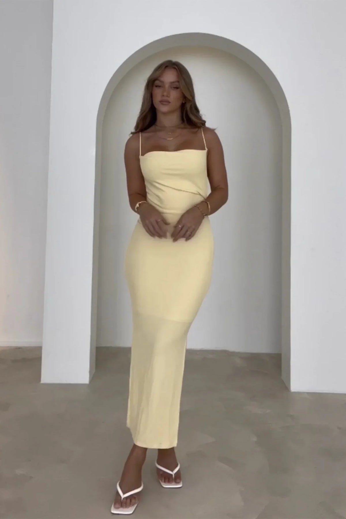 Frieda Cowl Neck Side Split Ribbed Midi Dress Yellow