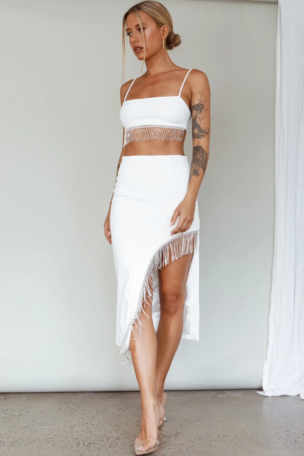 Call On Me Diamante Fringe Top White