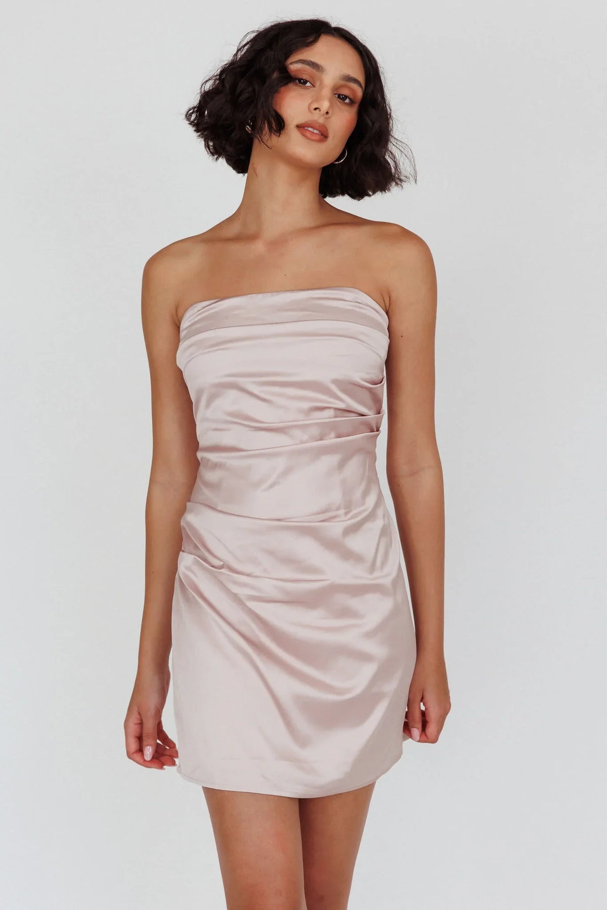 Love Waits Strapless Side Pleat Mini Dress Dirty Blush