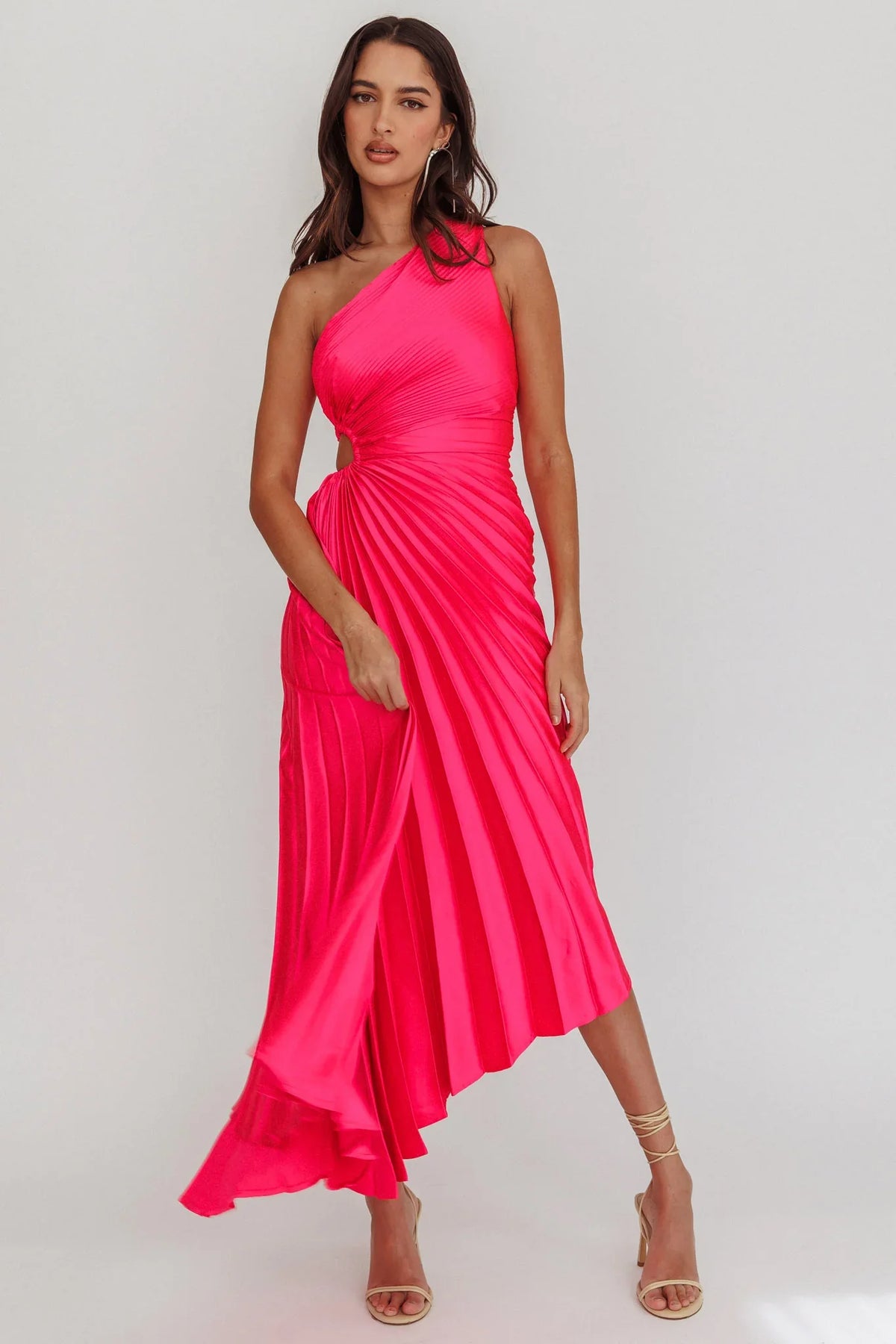Brooklynn One-Shoulder Accordion Pleat Satin Midi Dress Fuchsia