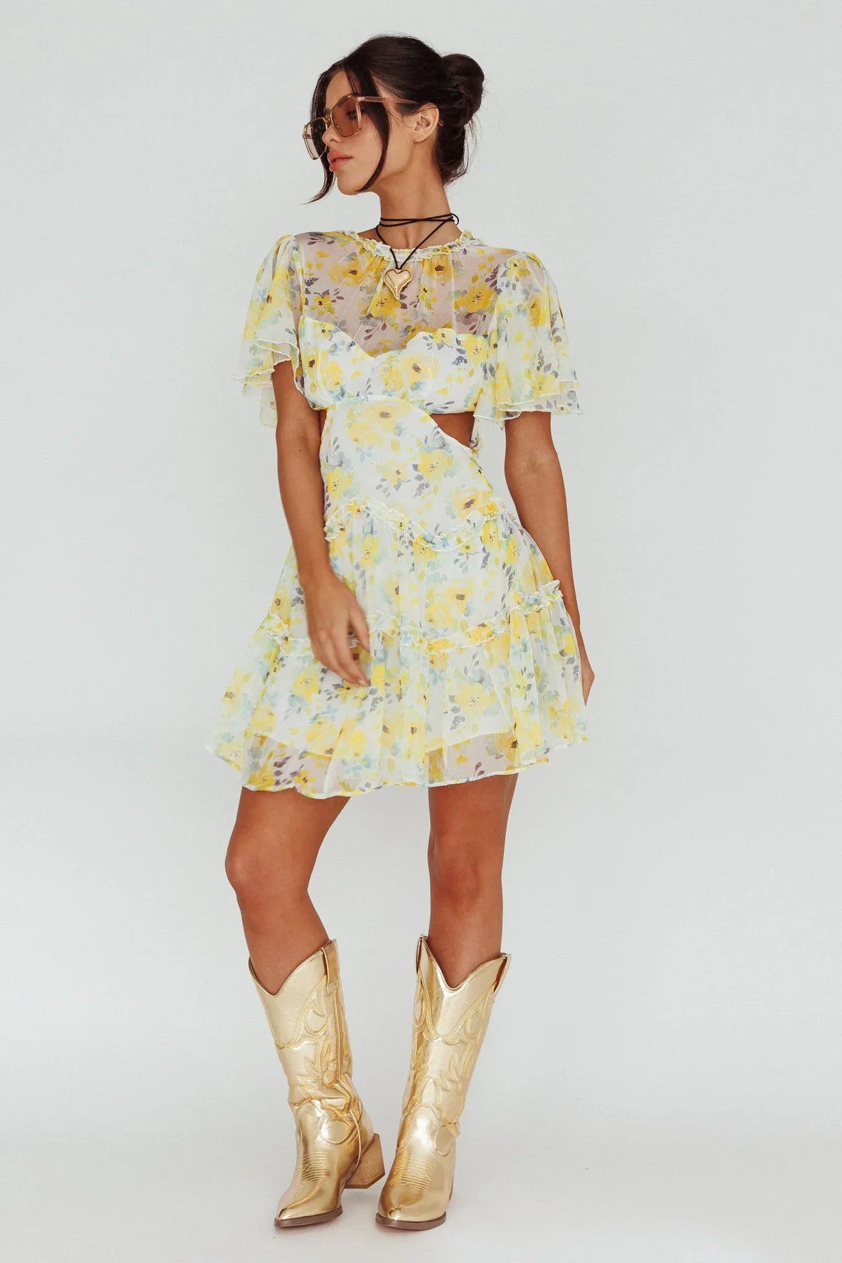 Tres Chic Flutter Sleeve Cut-Out Dress Floral Yellow