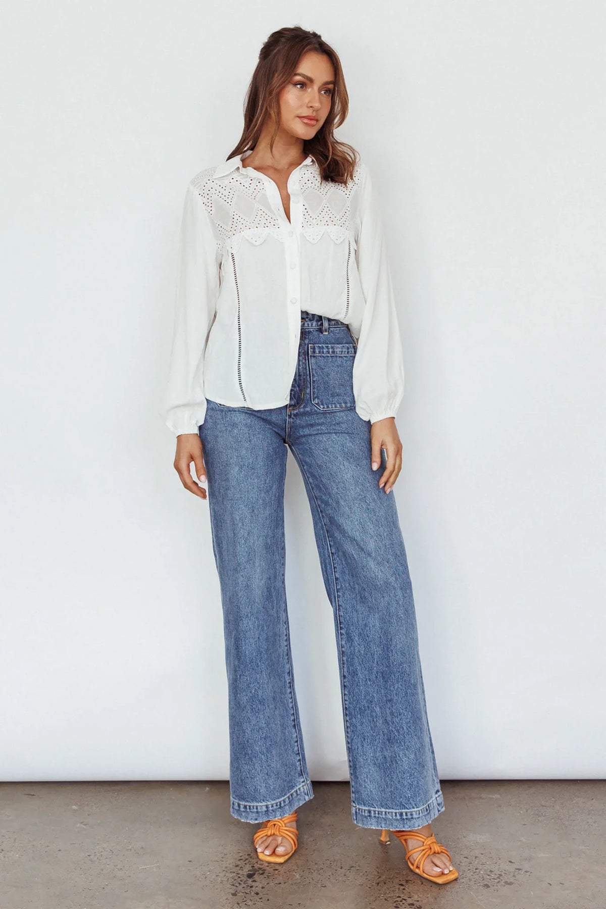 Villa Oasis Long Sleeve Button Shirt White