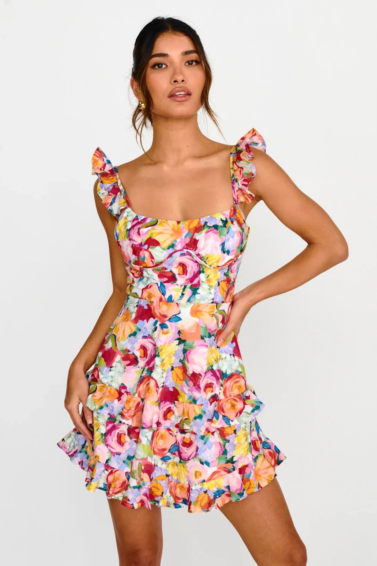 Moonlit Moment Ruffle Trim Lace-Up Back Dress Floral Red