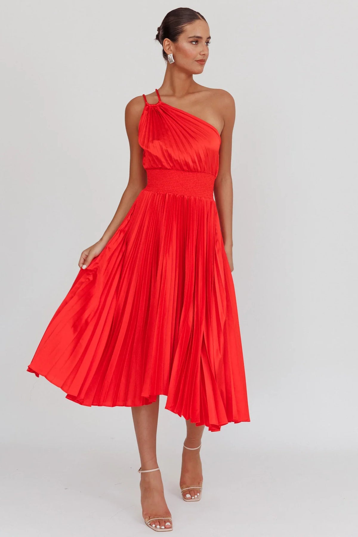 Calissa One Shoulder Pleated Midi Dress Red