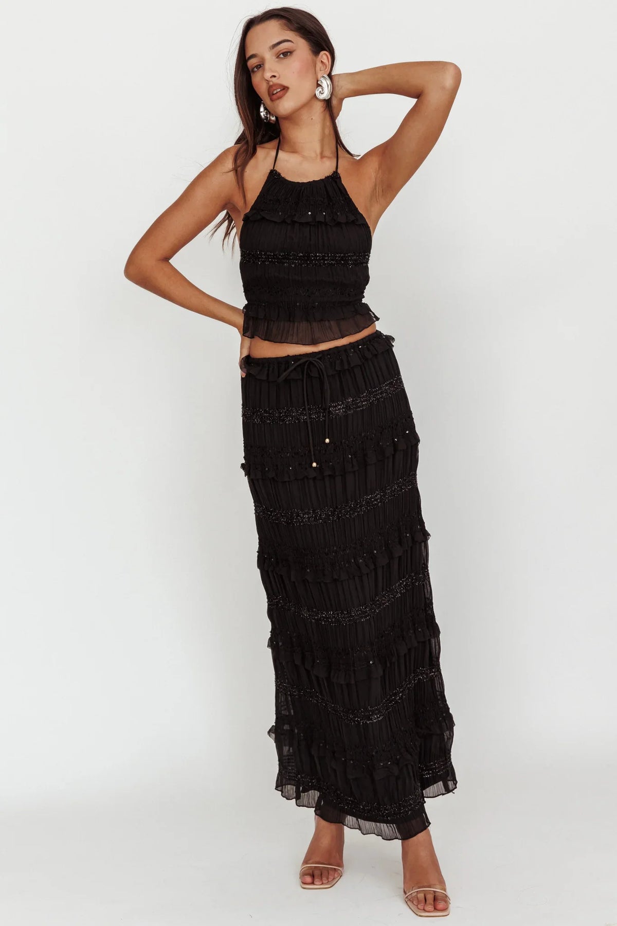 Helios Shirred Sequin Maxi Skirt Black