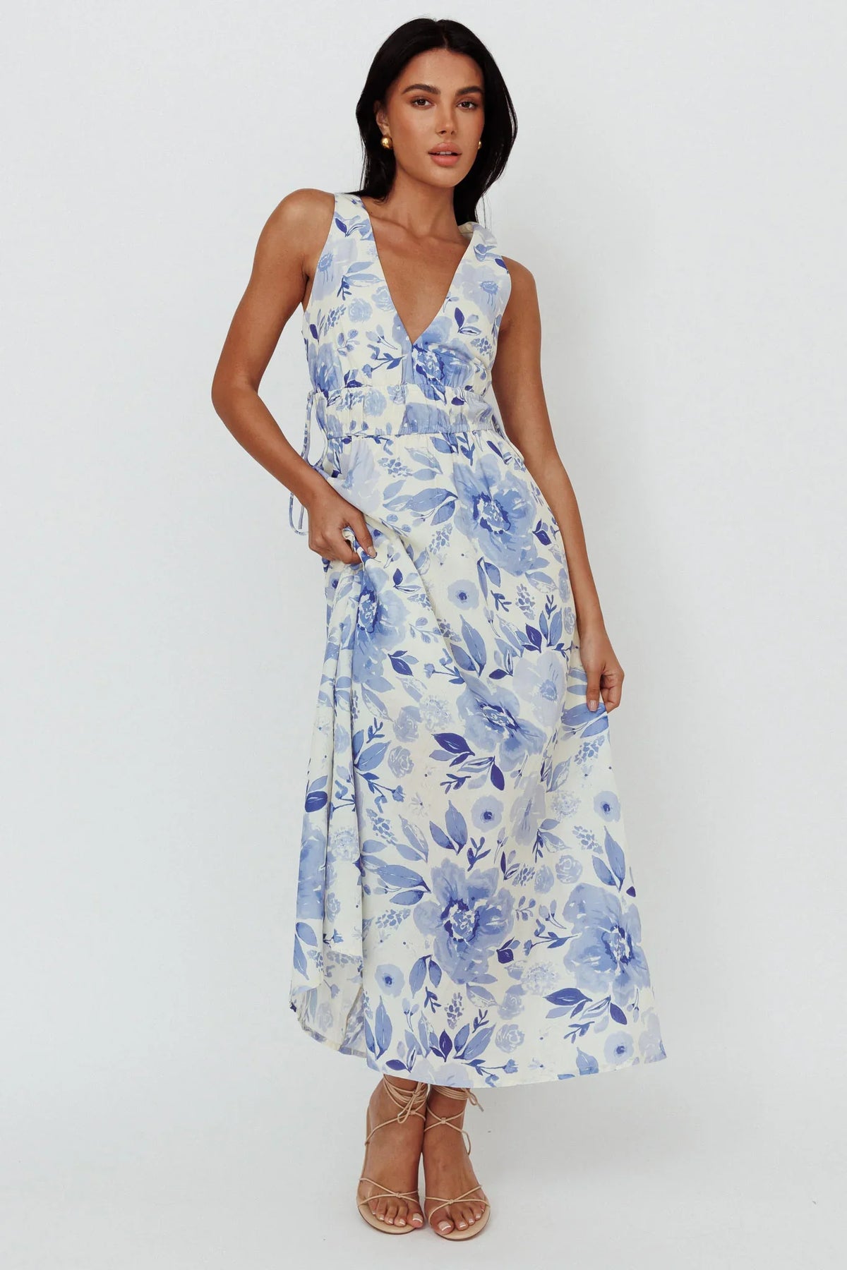 Perla V-Neck Drawstring Maxi Dress Floral Blue