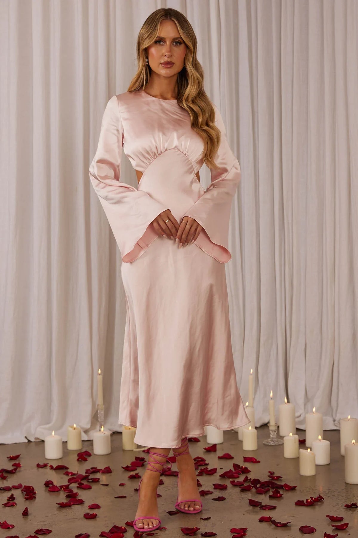 Doting Bell Sleeve Cut-Out Midi Dress Blush