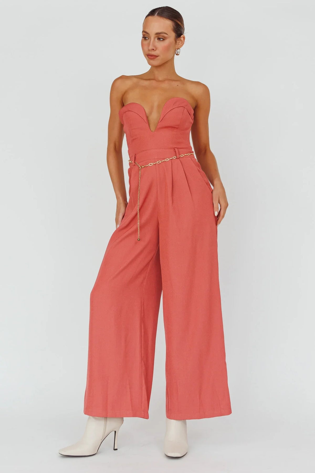 Kayte Strapless Belted Waist Jumpsuit Rose