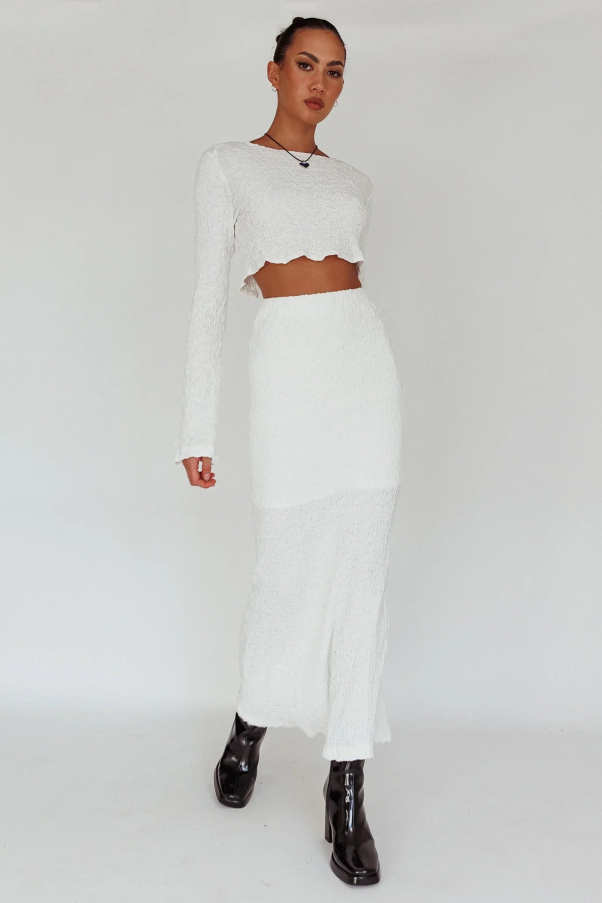Treasures Textured Midi Skirt White