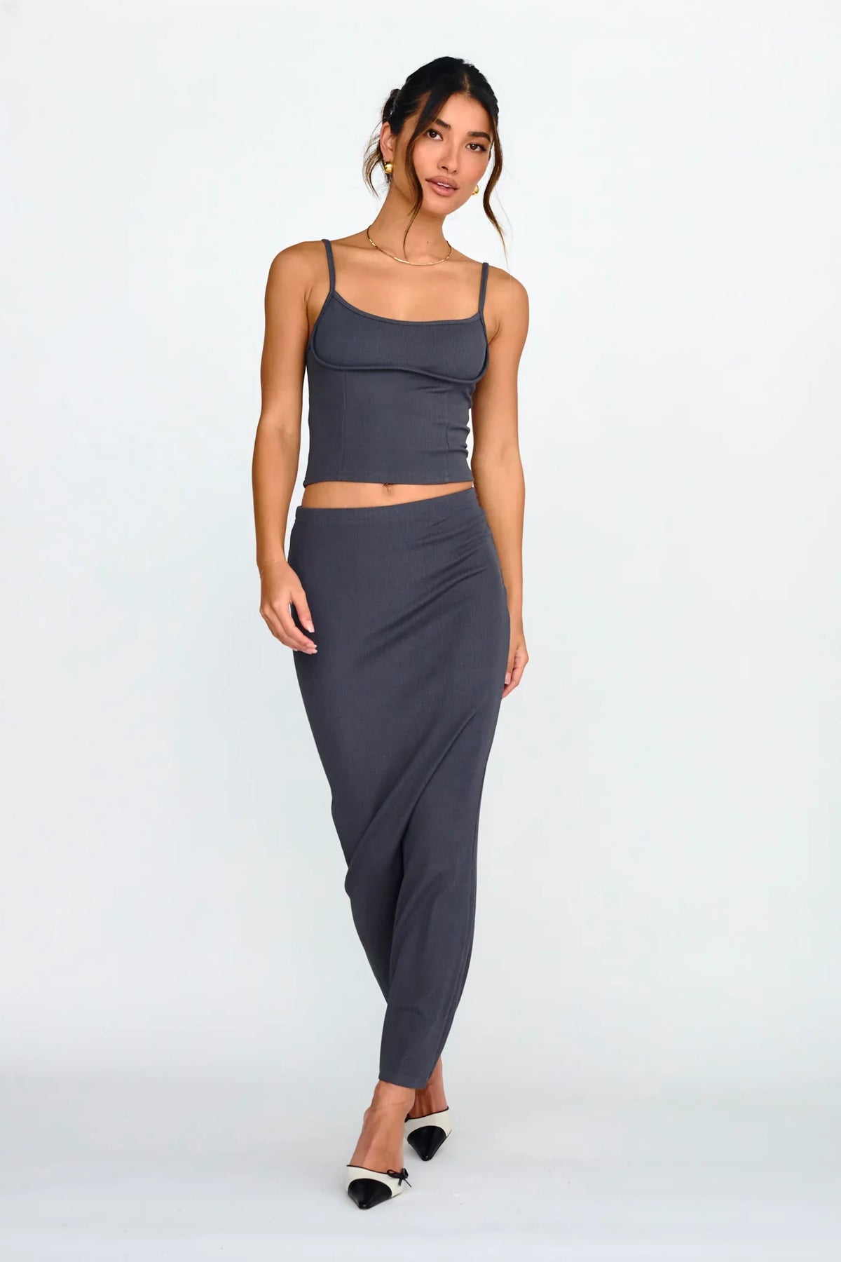 Strike A Pose Ribbed Maxi Skirt Charcoal