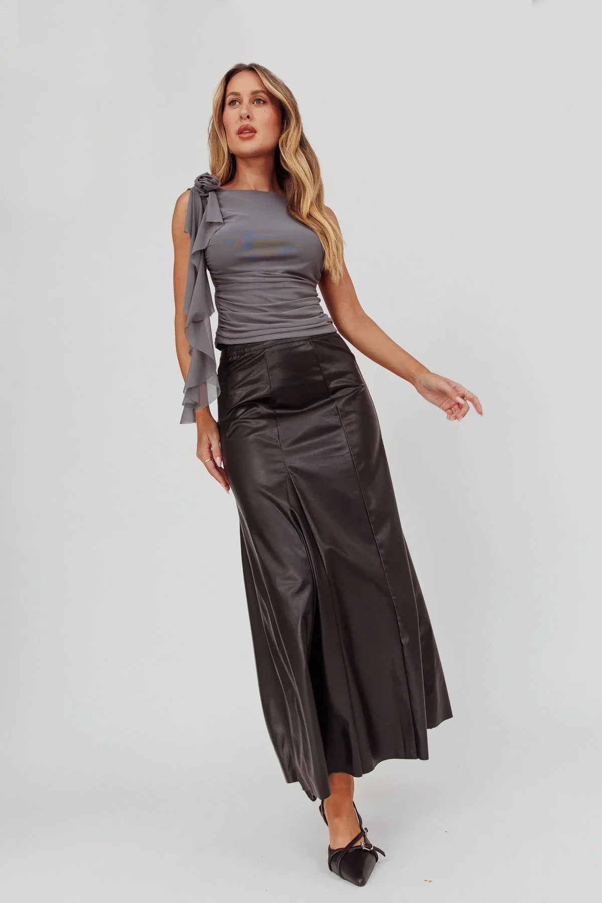 Galaxia A-Line Faux Leather Maxi Skirt Black