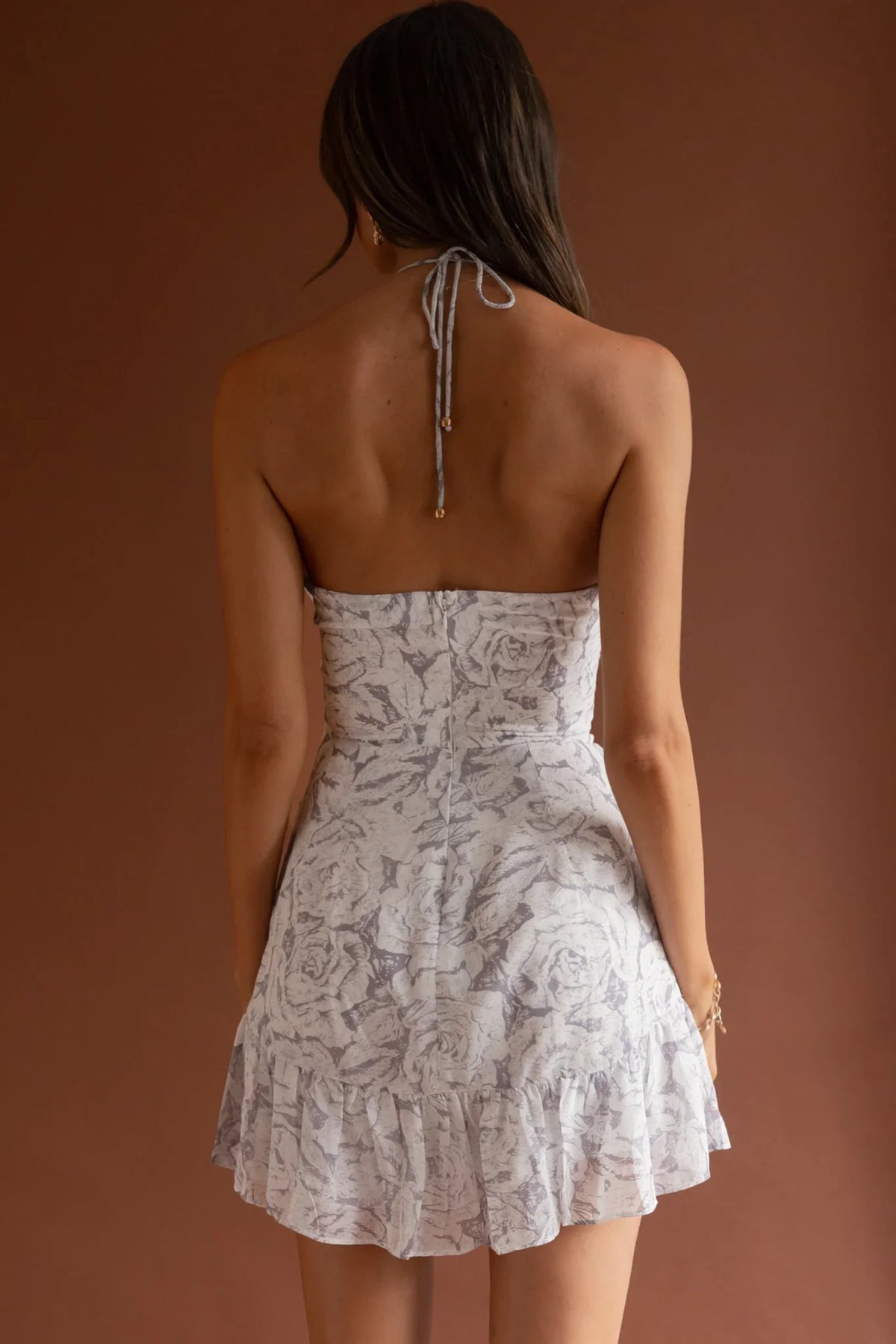 Date Night Drawstring Bust Mini Dress Floral Grey