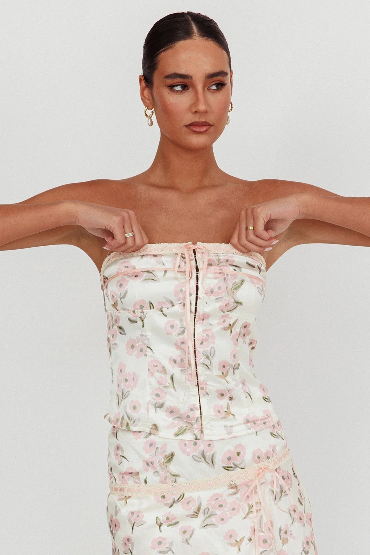 Tiya Strapless Ribbon Top Floral Pink