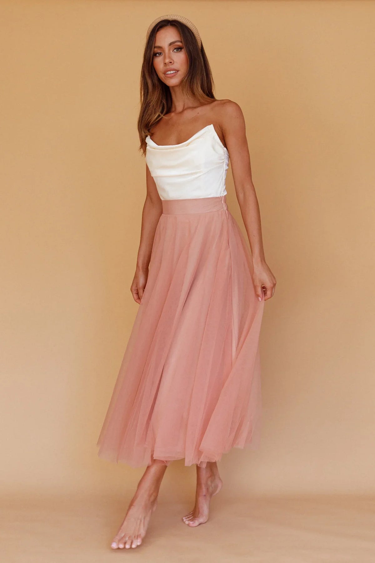 Jasmine Organza Mesh Elasticated Waist Midi Skirt Lipstick