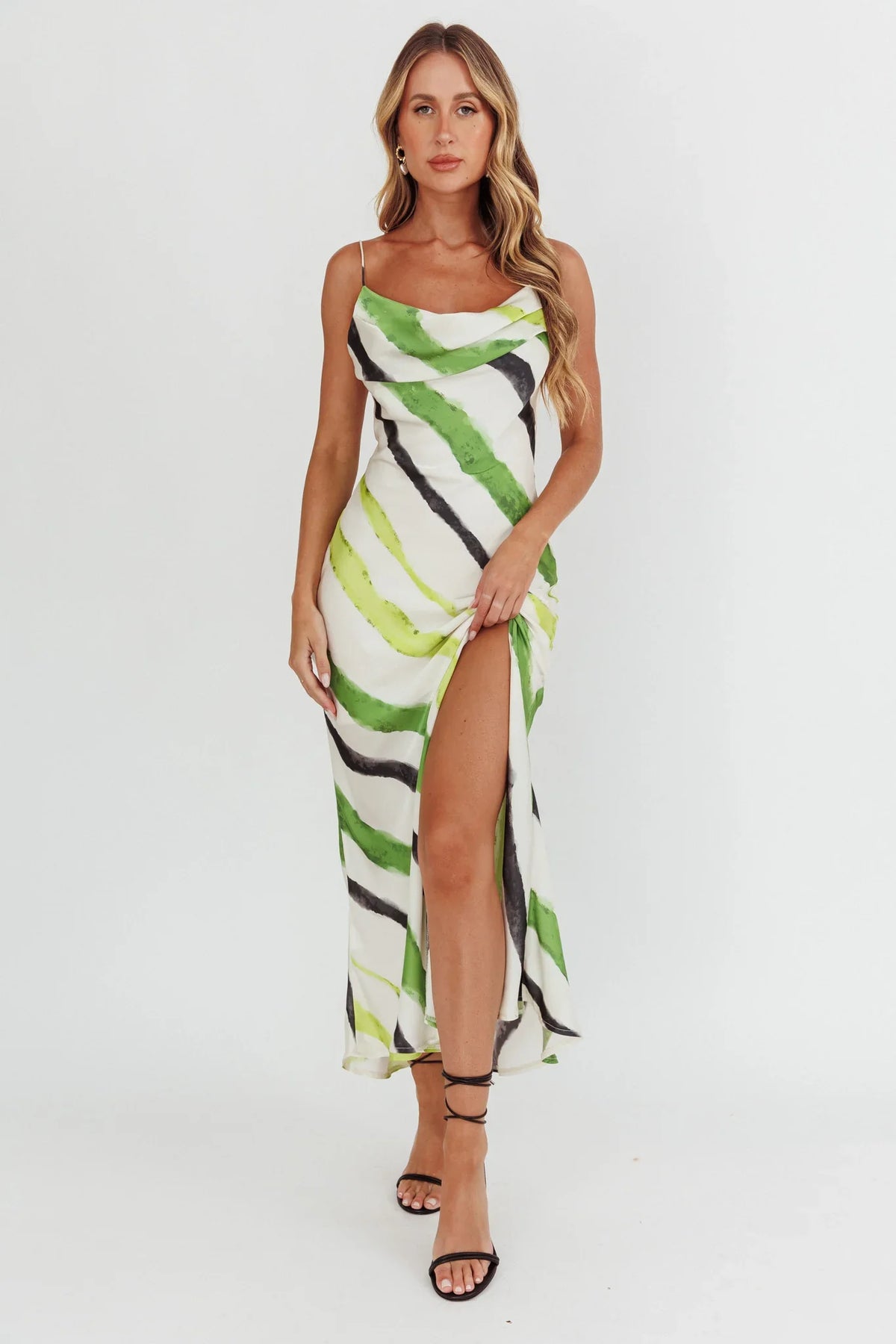 Blondine Cowl Bust Split Maxi Dress Green