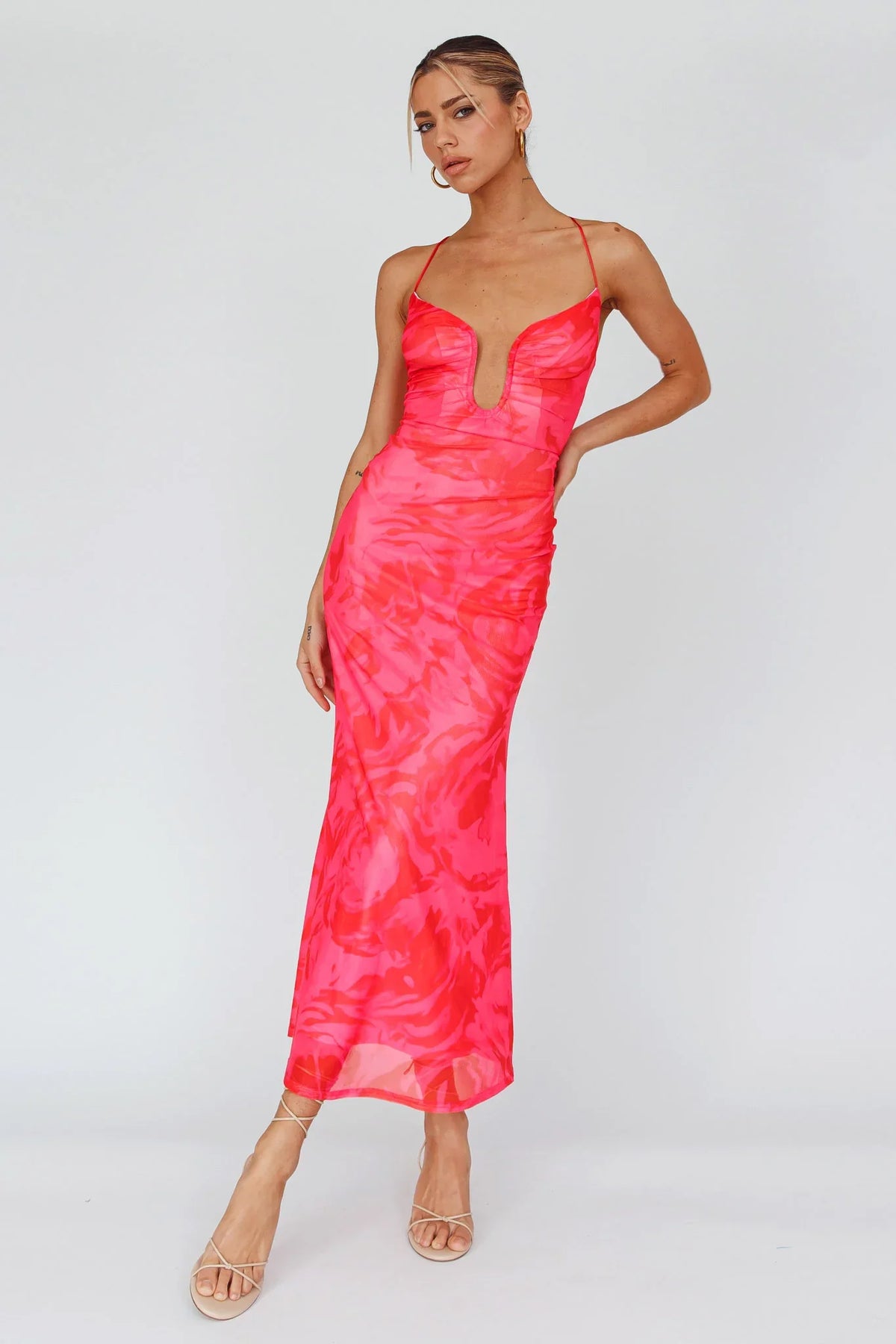 Nouveau U-Neckline Midi Dress Marbled Pink