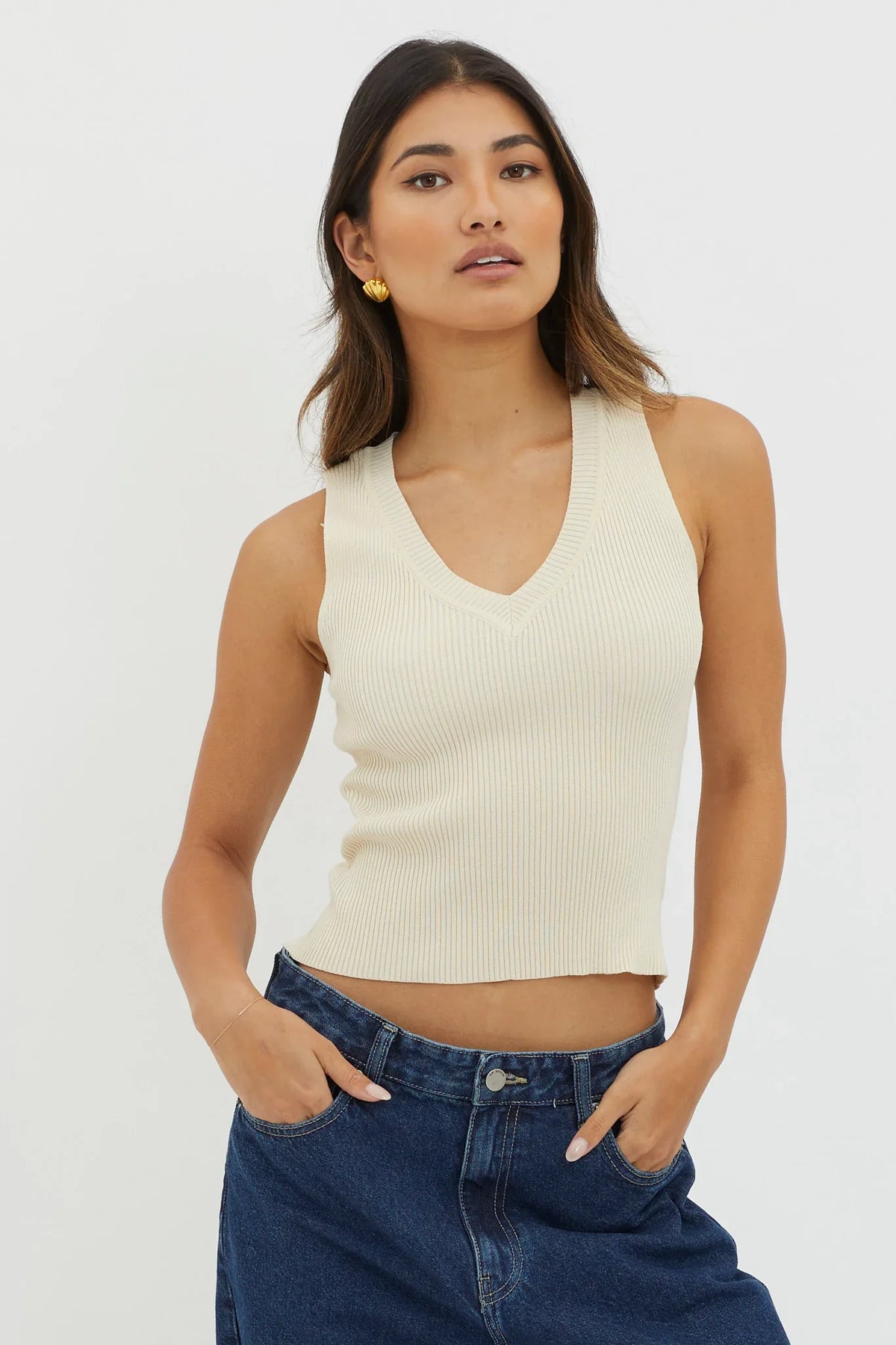 D'Lila V-Neck Ribbed Knit Top Cream
