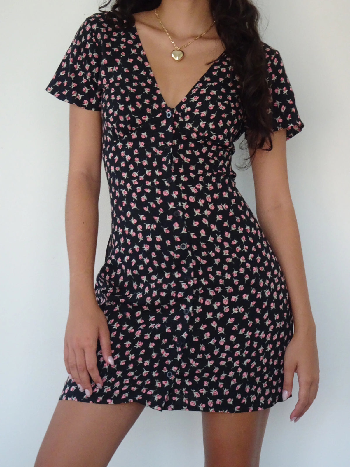 Field Trip Button Front Mini Dress Black Floral
