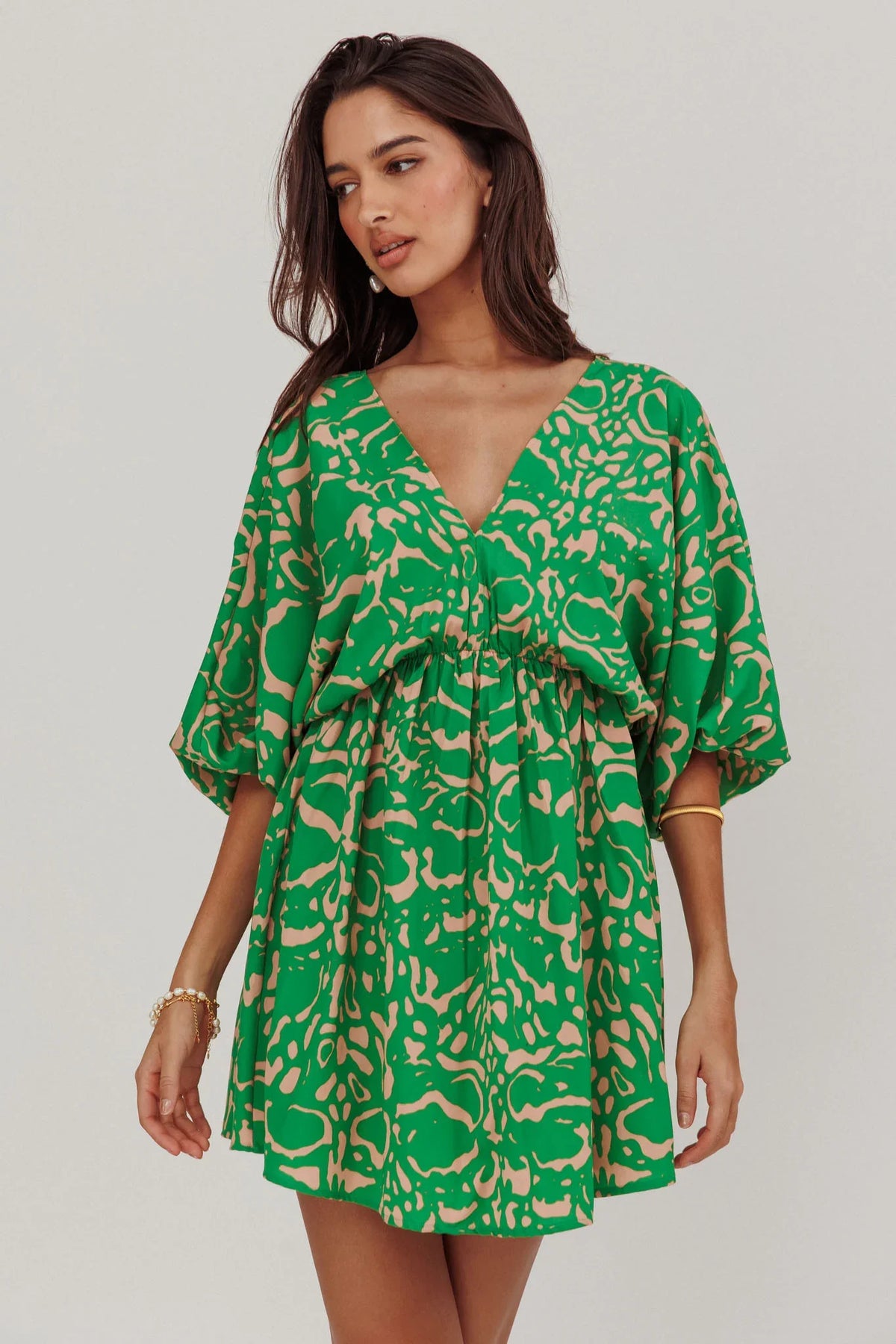 Sugar Coat Print Puff Sleeves Mini Dress Green