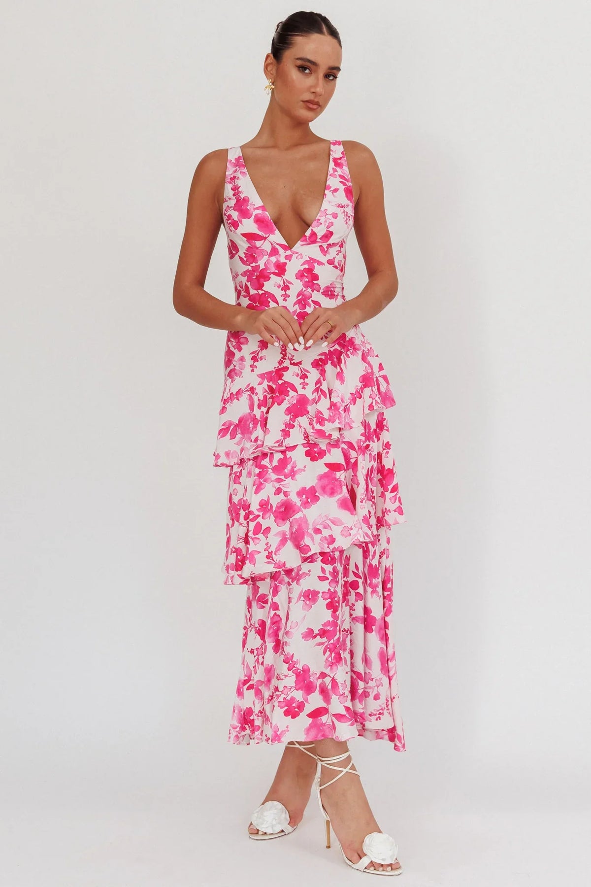 Veda Strappy Back Ruffle Maxi Dress Floral Fuchsia
