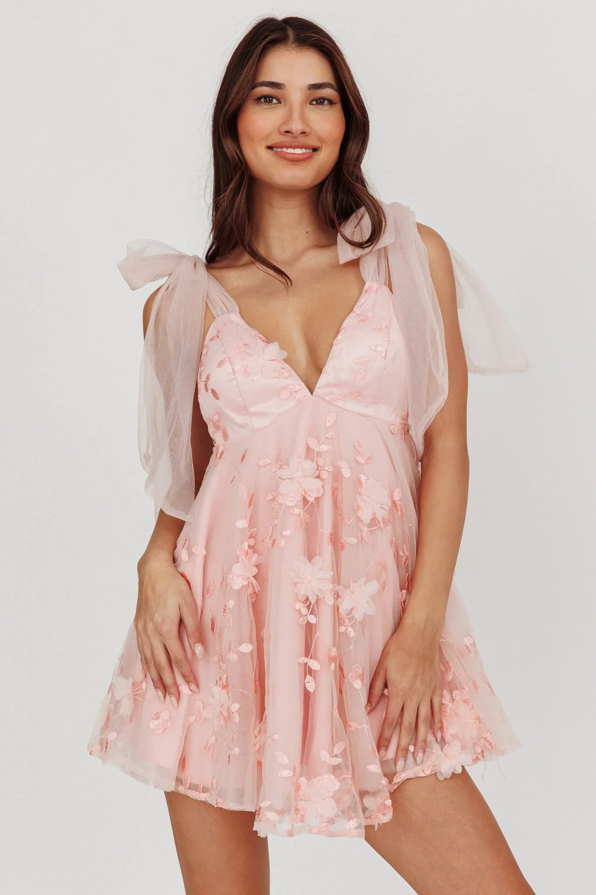 Chantilly Tied Shoulder Mini Dress Pink