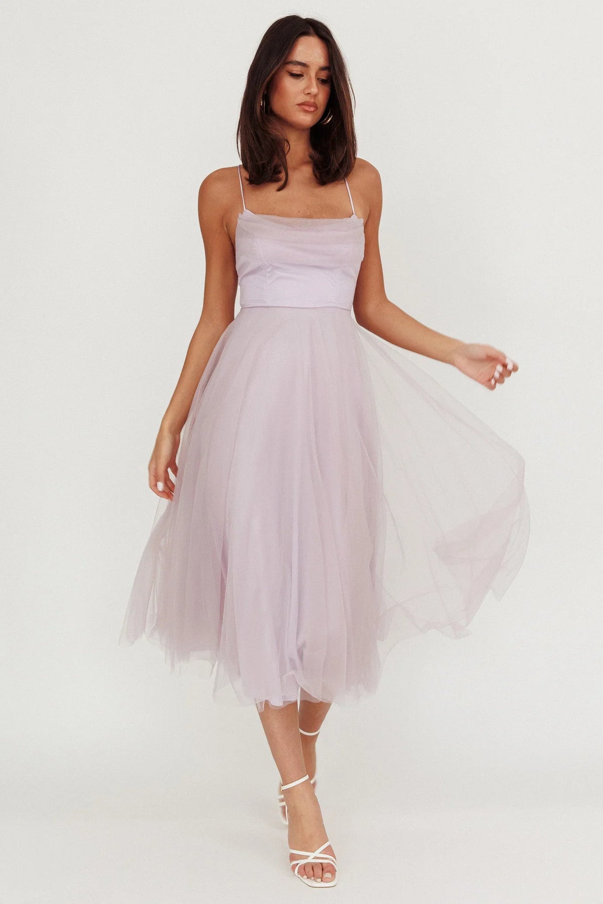 Floating By Pleated Neckline Mesh Midi Dress Lilac