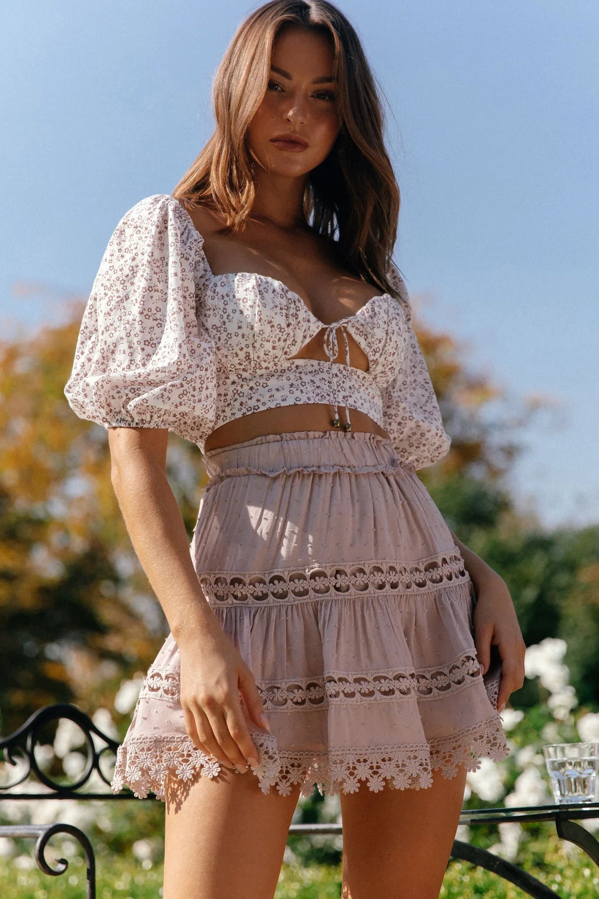 Blanche Floral Lace Trim Skirt Blush