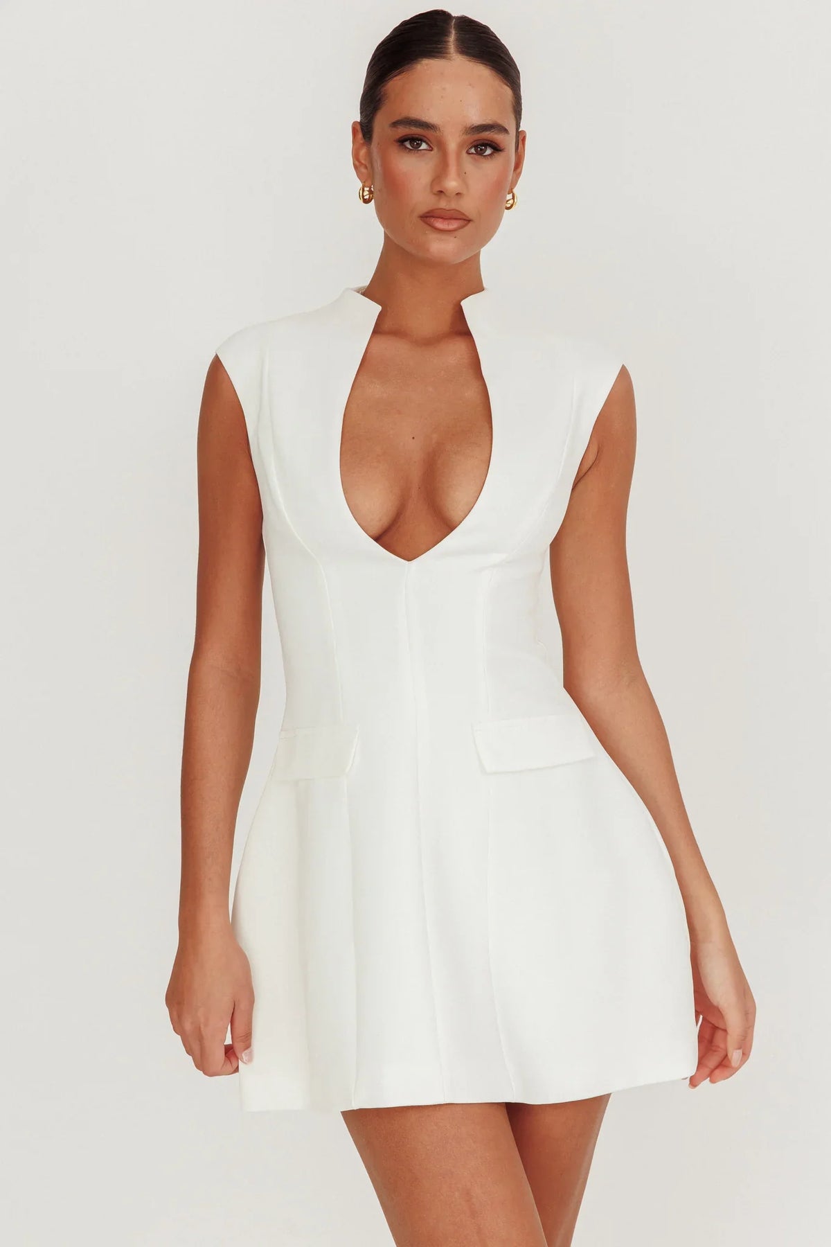 Heavenly Bodies Sleeveless Deep Neckline Mini Dress White