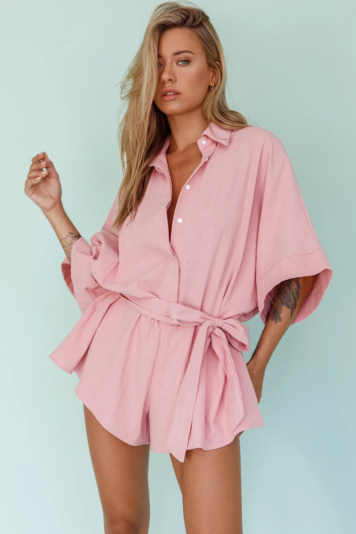 Daytona Beach Button-Up Romper Pink