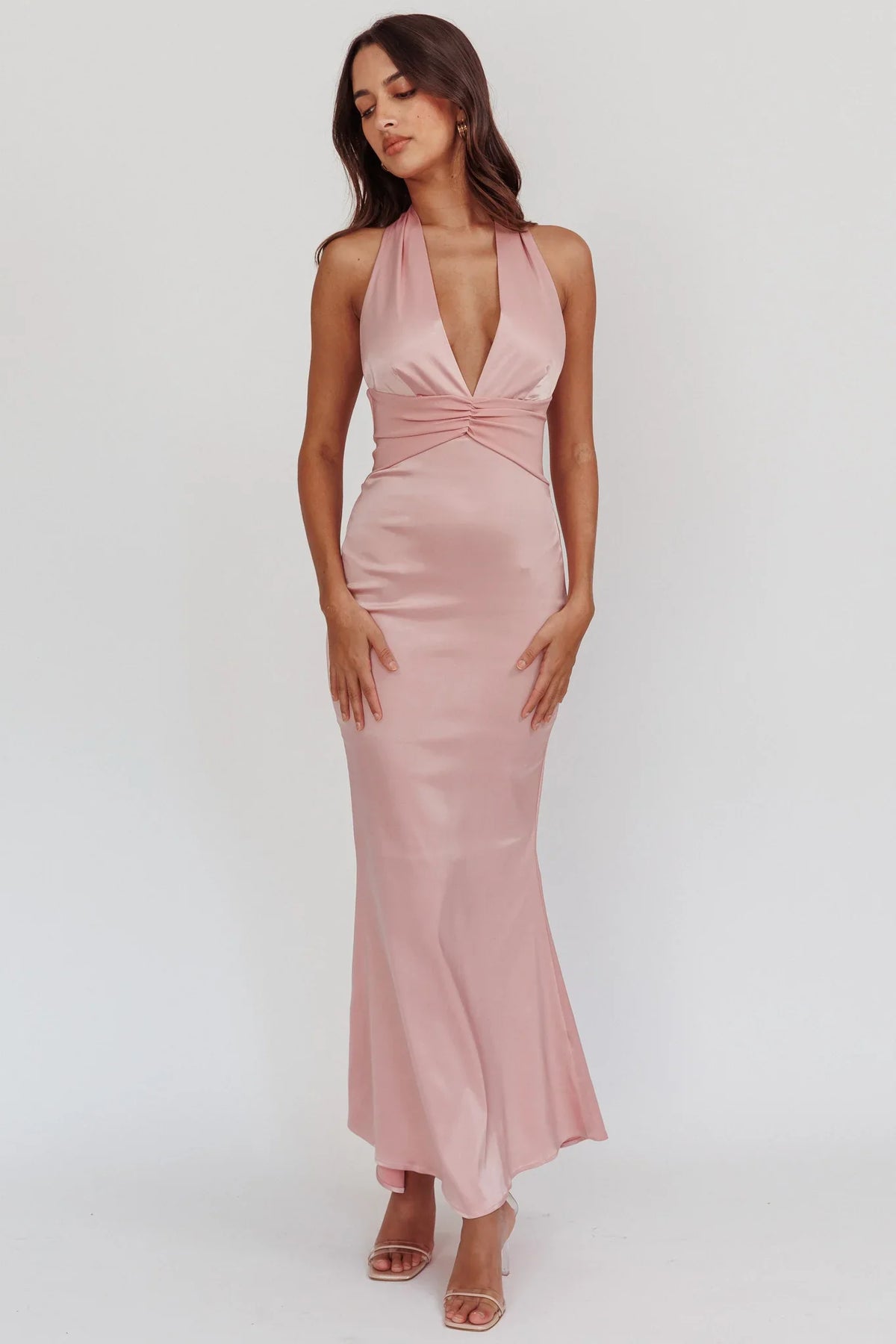 Italia Azure Pleat Bodice Halterneck Maxi Dress Blush