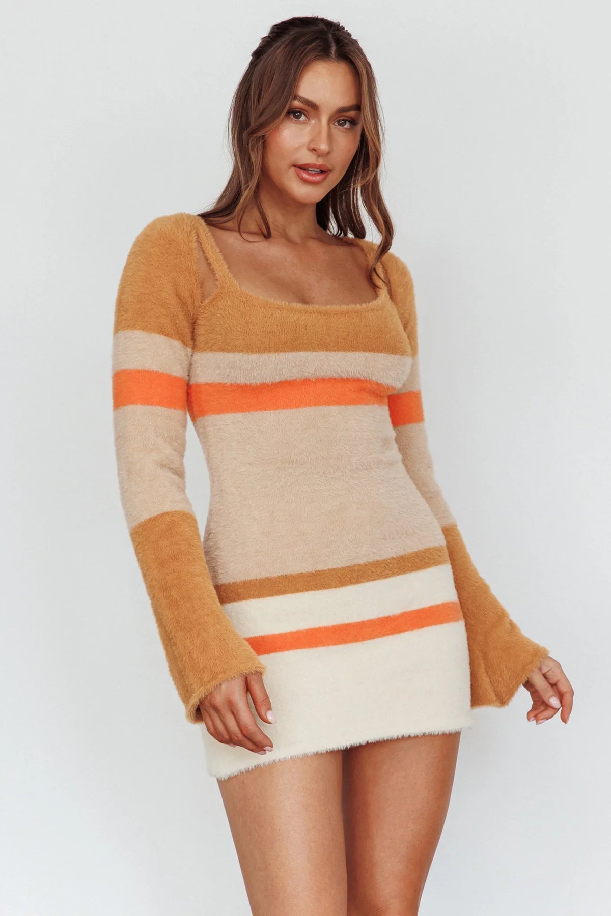 Count On It Fuzzy Knit Mini Dress Brown Multi