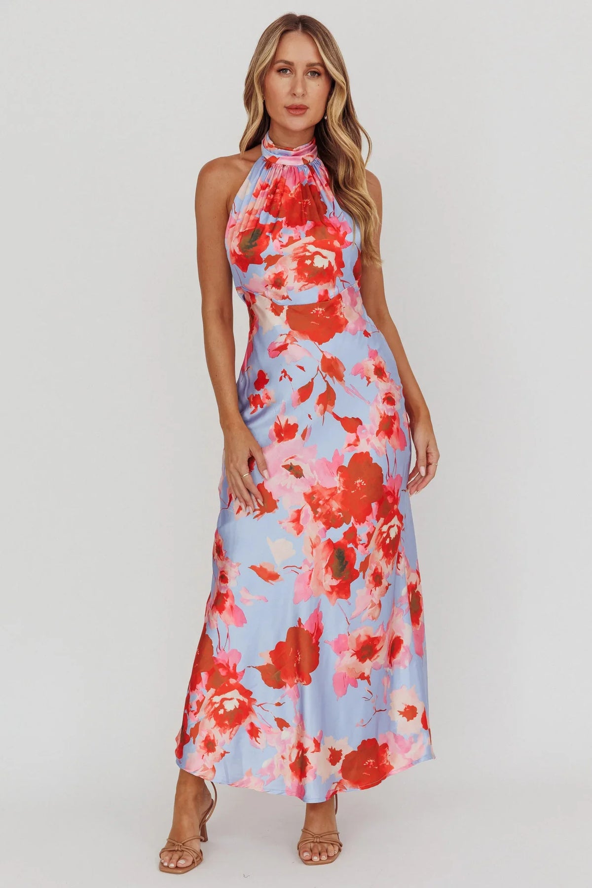 Shana Halterneck Maxi Dress Roses Blue
