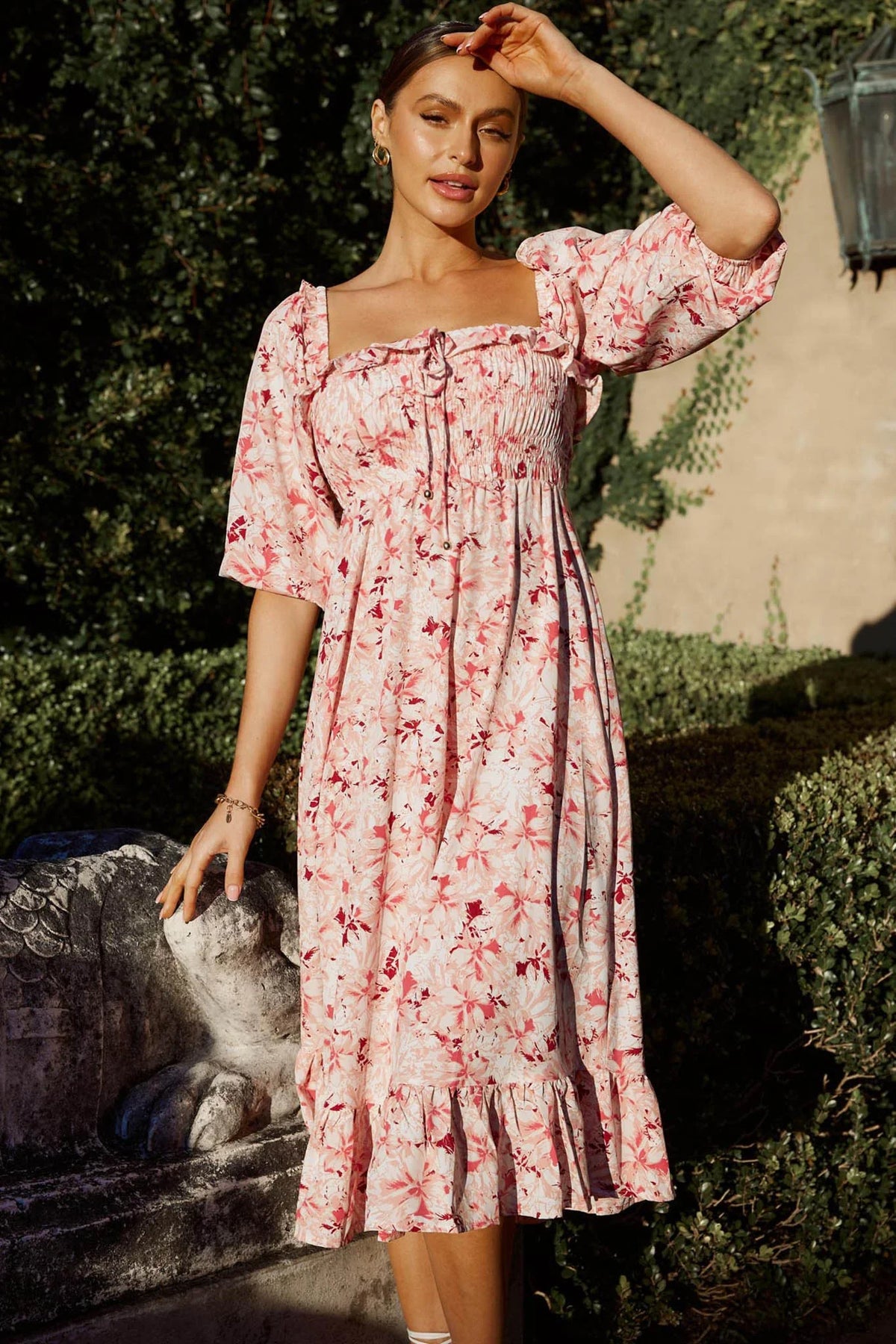 Flynn Balloon Sleeve Shirred Midi Dress Floral Pink