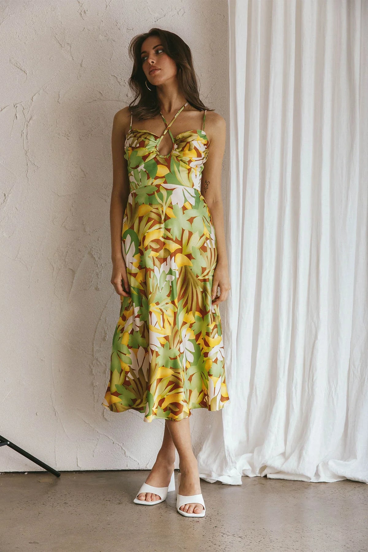 Emmalie Satin Midi Dress Floral Green