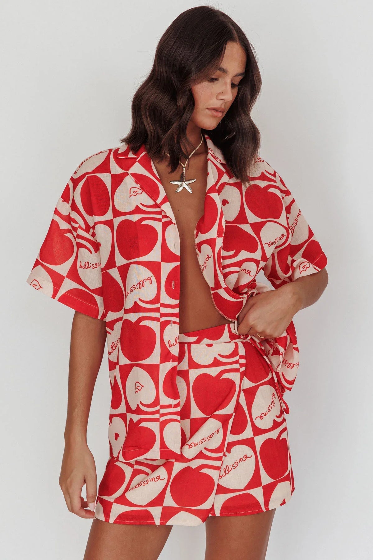 Ithaca Cherry Print Short Sleeve Shirt Red Beige