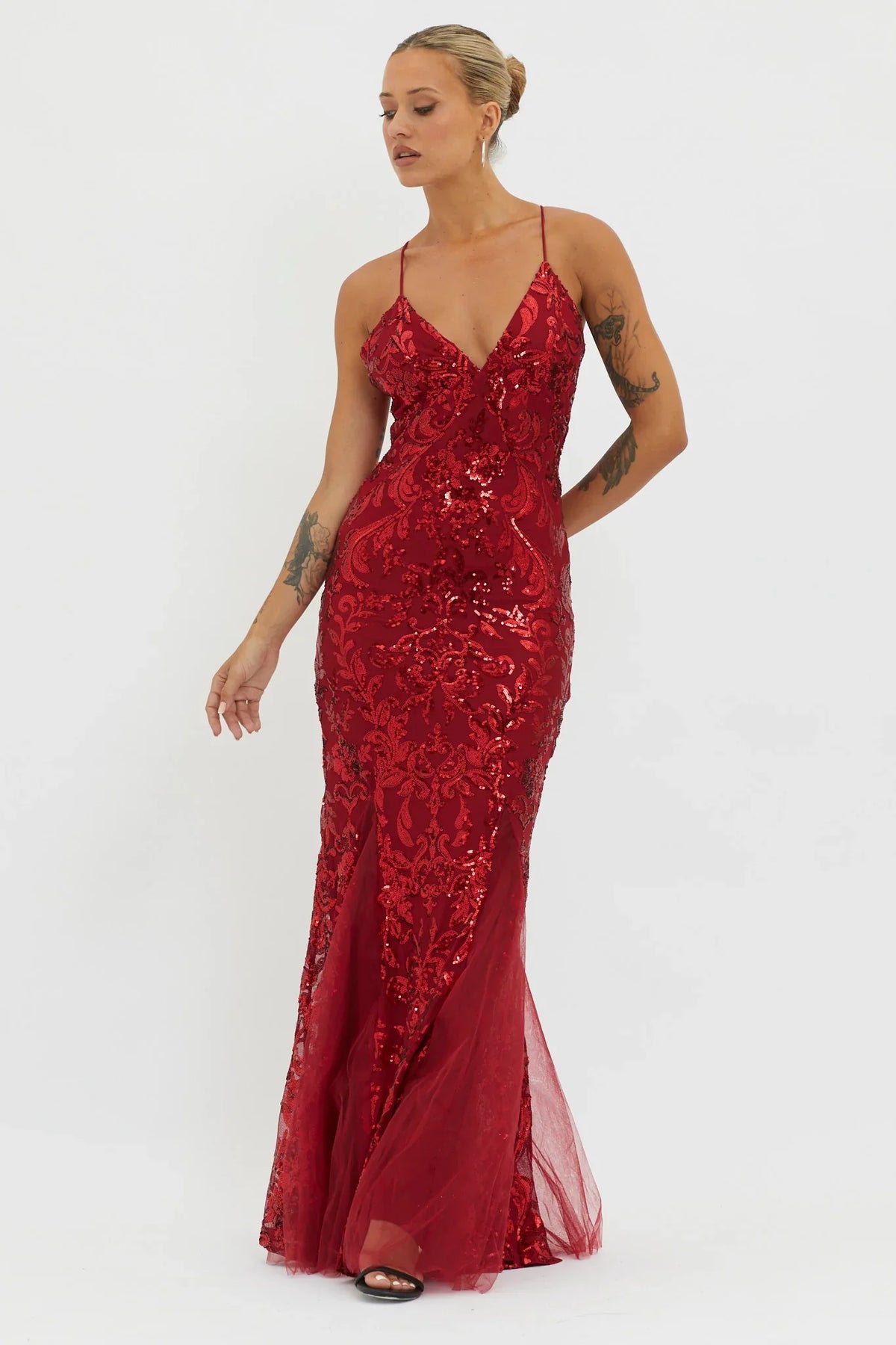 Serenade Song Godet Hem Sequin Maxi Dress Red