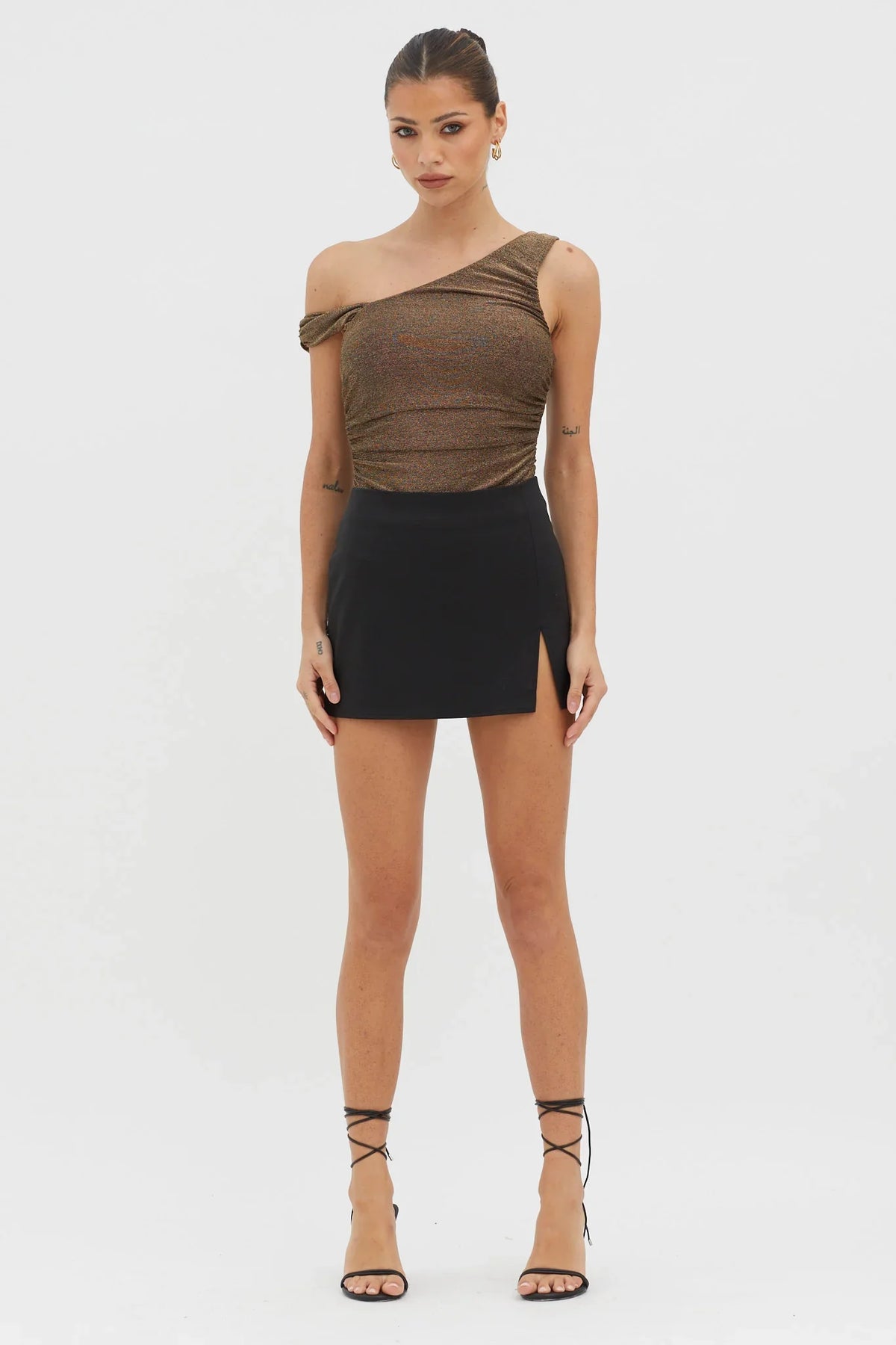 Deirdre Asymmetrical Strap Bodysuit Black/Gold