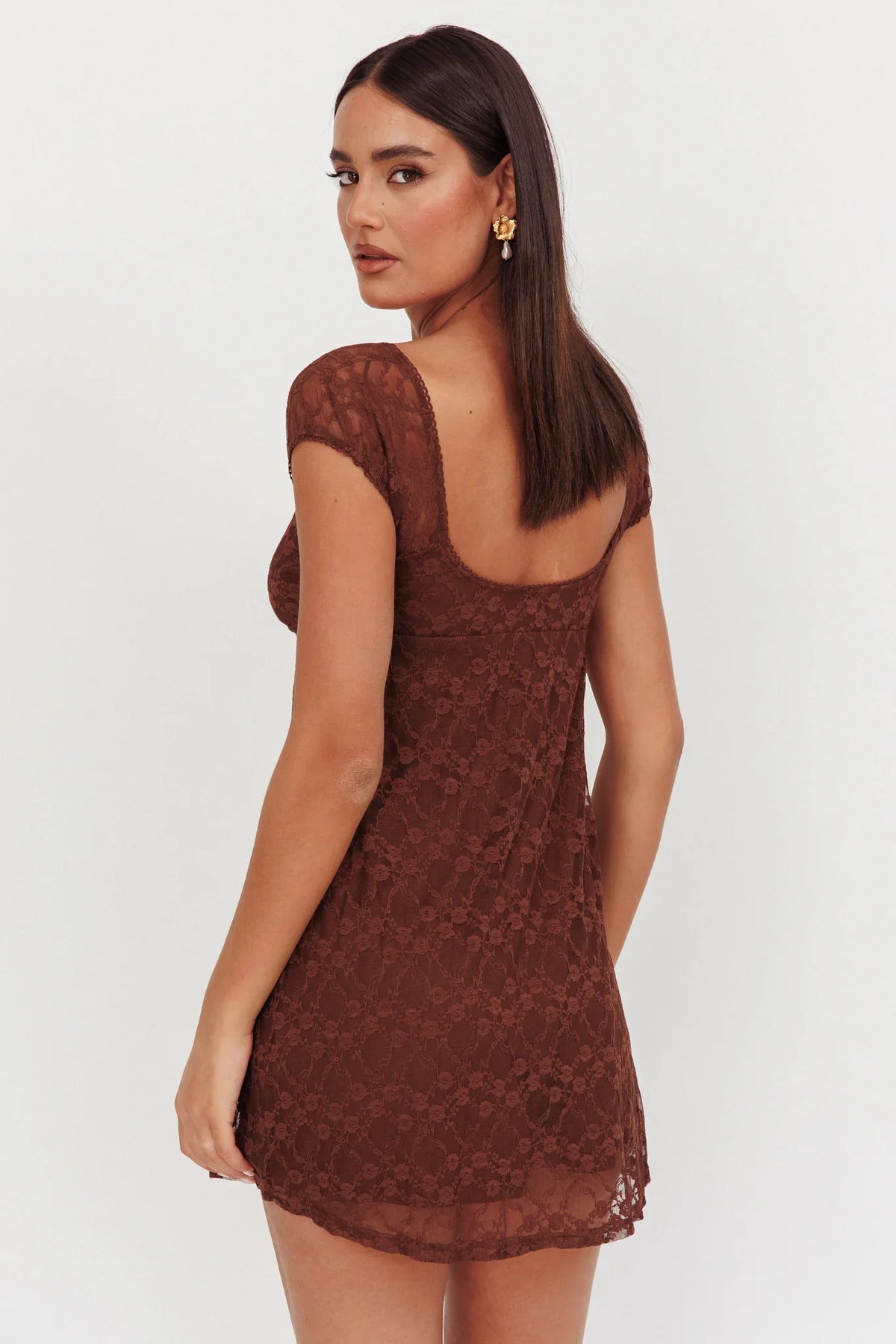 Shadows Lace Overlay Mini Dress Brown