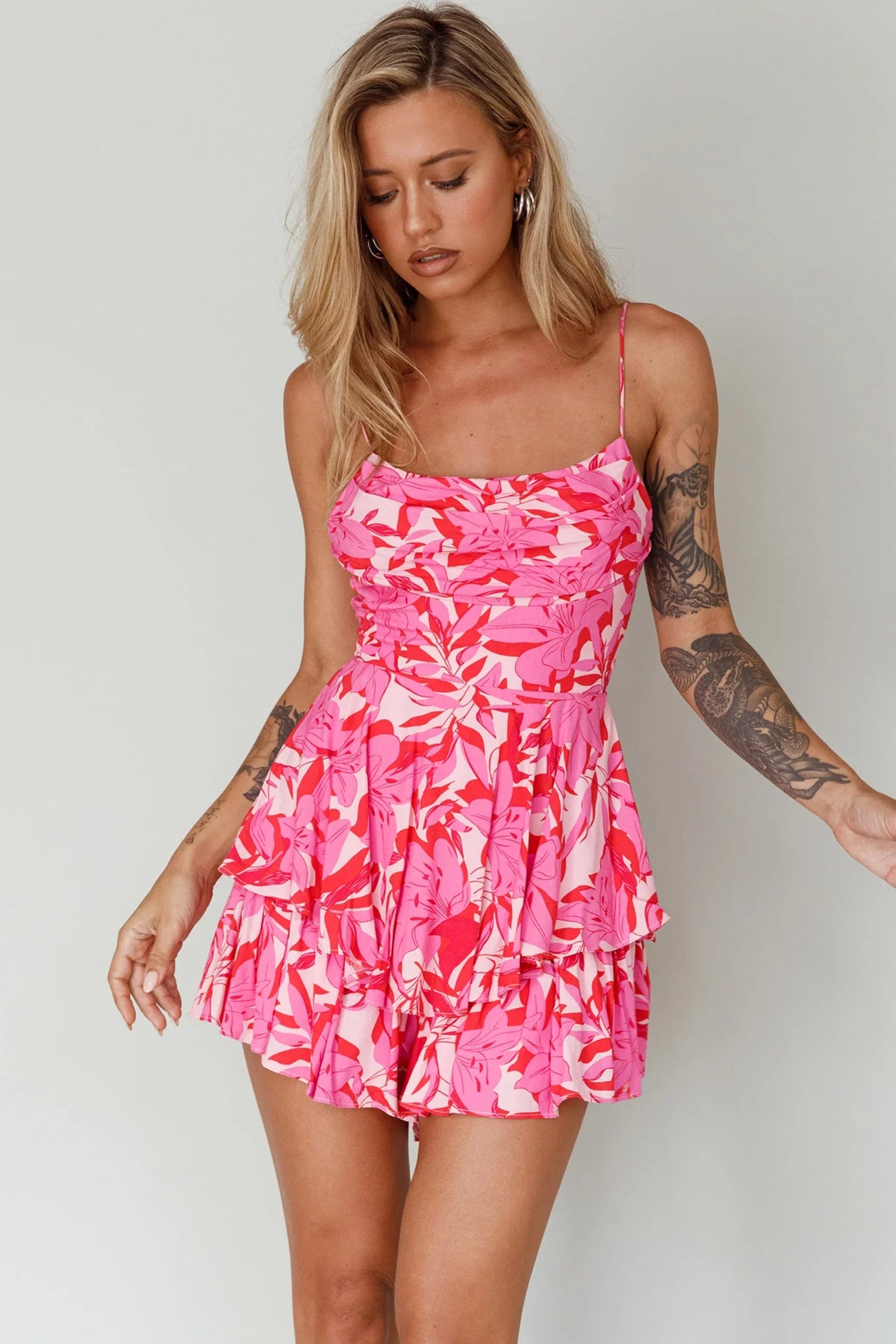 Well Versed Cowl Neckline Flounce Romper Lily Pink
